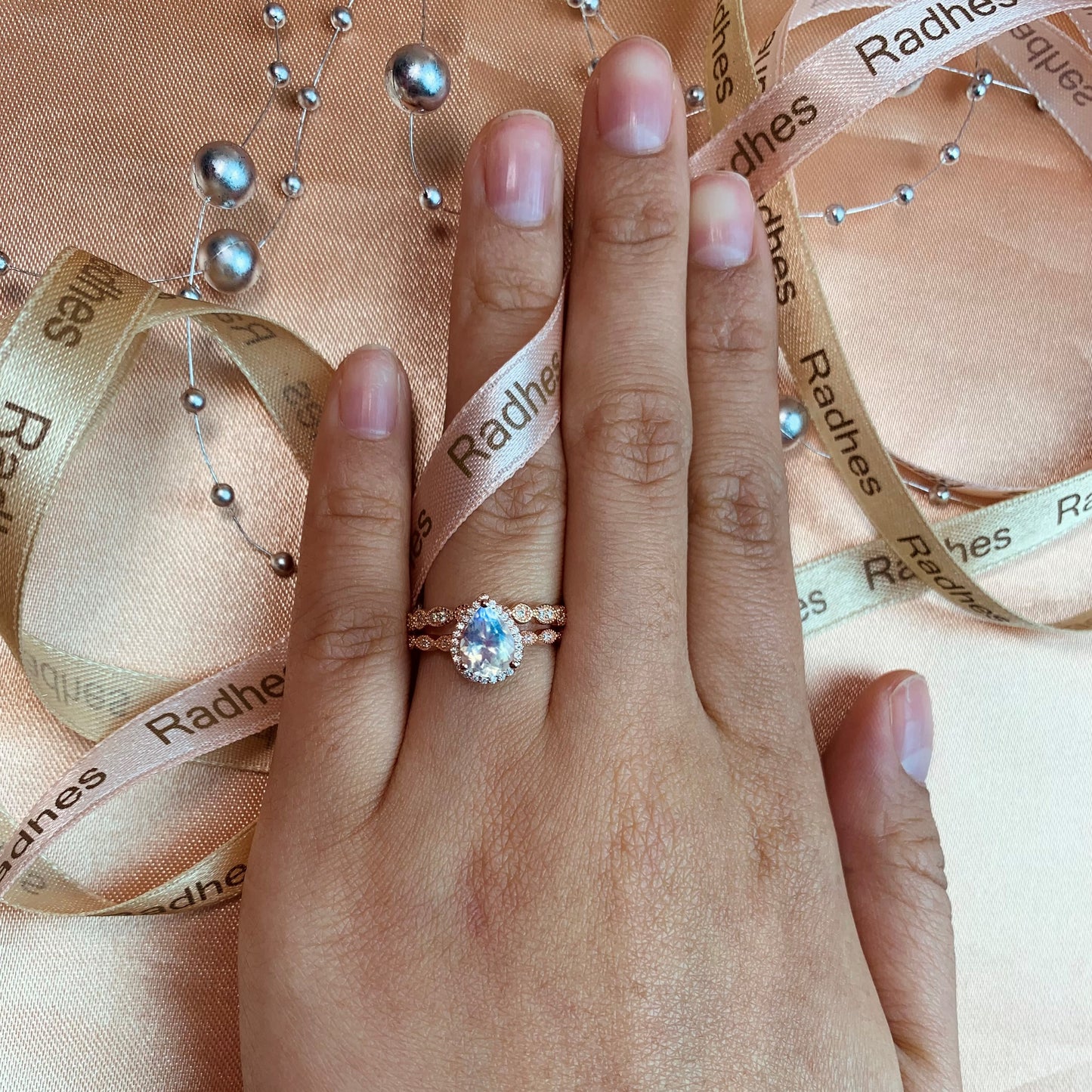 Vintage Halo 1.5 carat pear shape Rainbow Moonstone Wedding Ring Set in Rose Gold