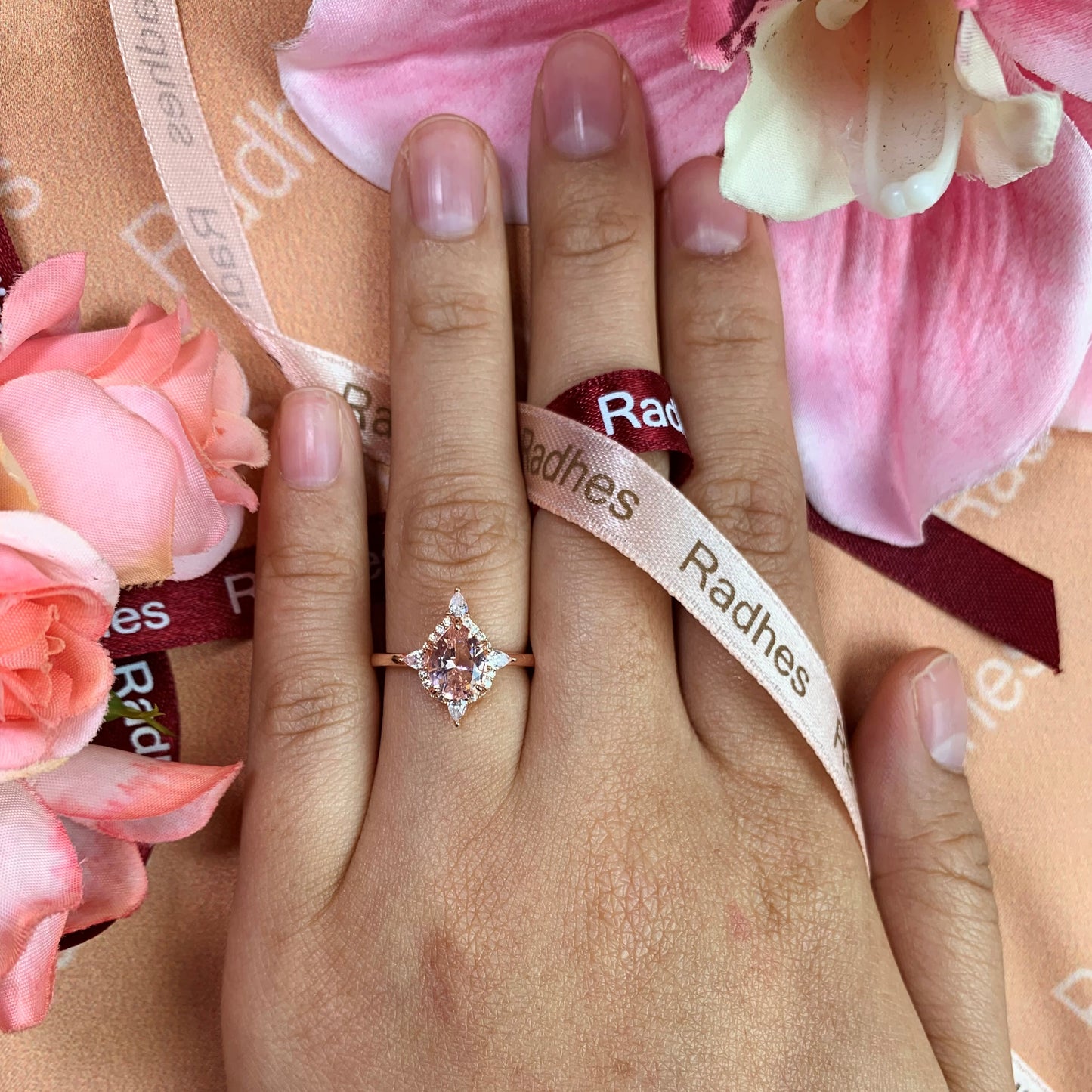 Unique 1.25 carat tear drop cut peach pink Morganite Wedding Ring with Diamonds for Women