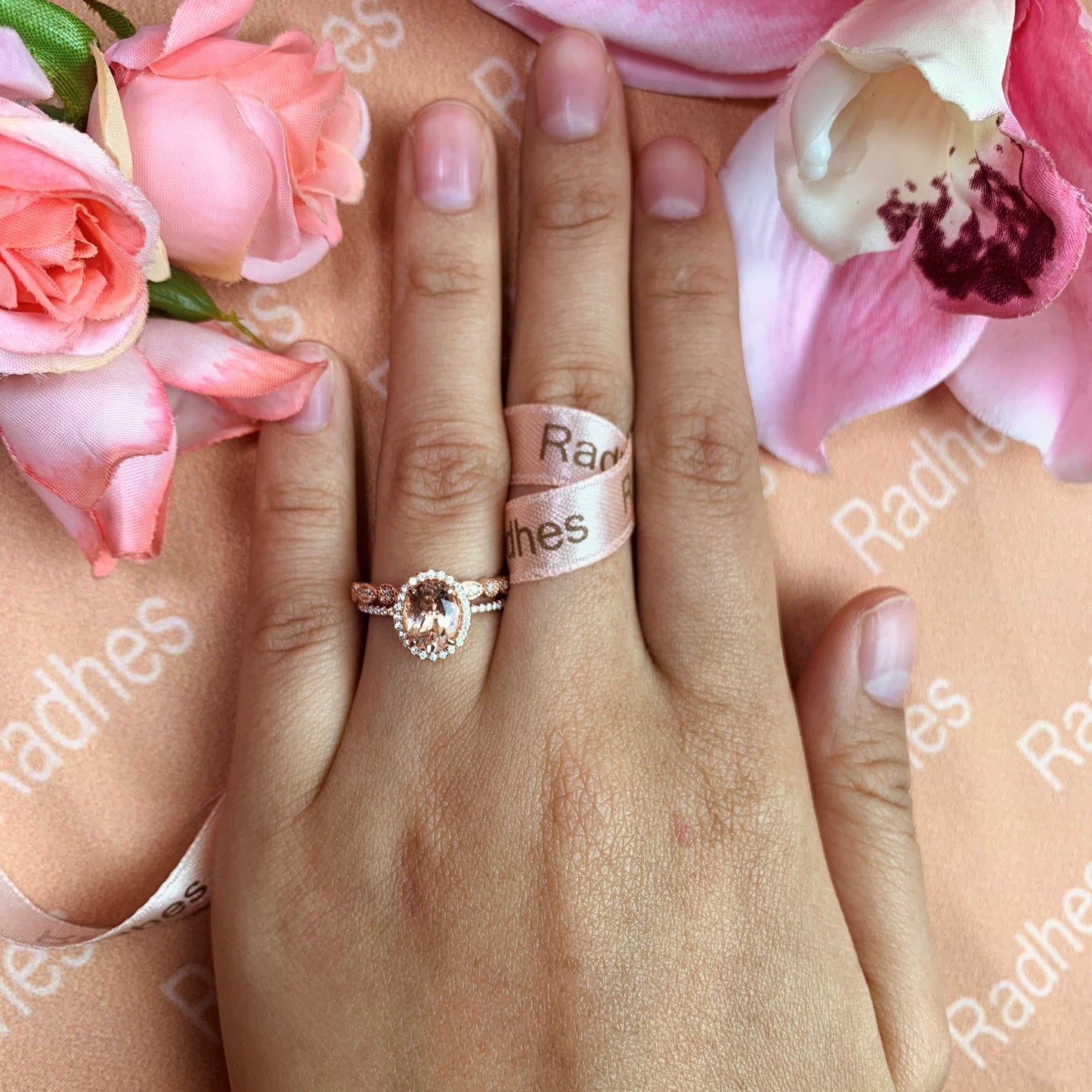 Antique 1.65 carat Oval Cut Morganite Wedding Bridal Ring Set with Artdeco Diamond Wedding Band