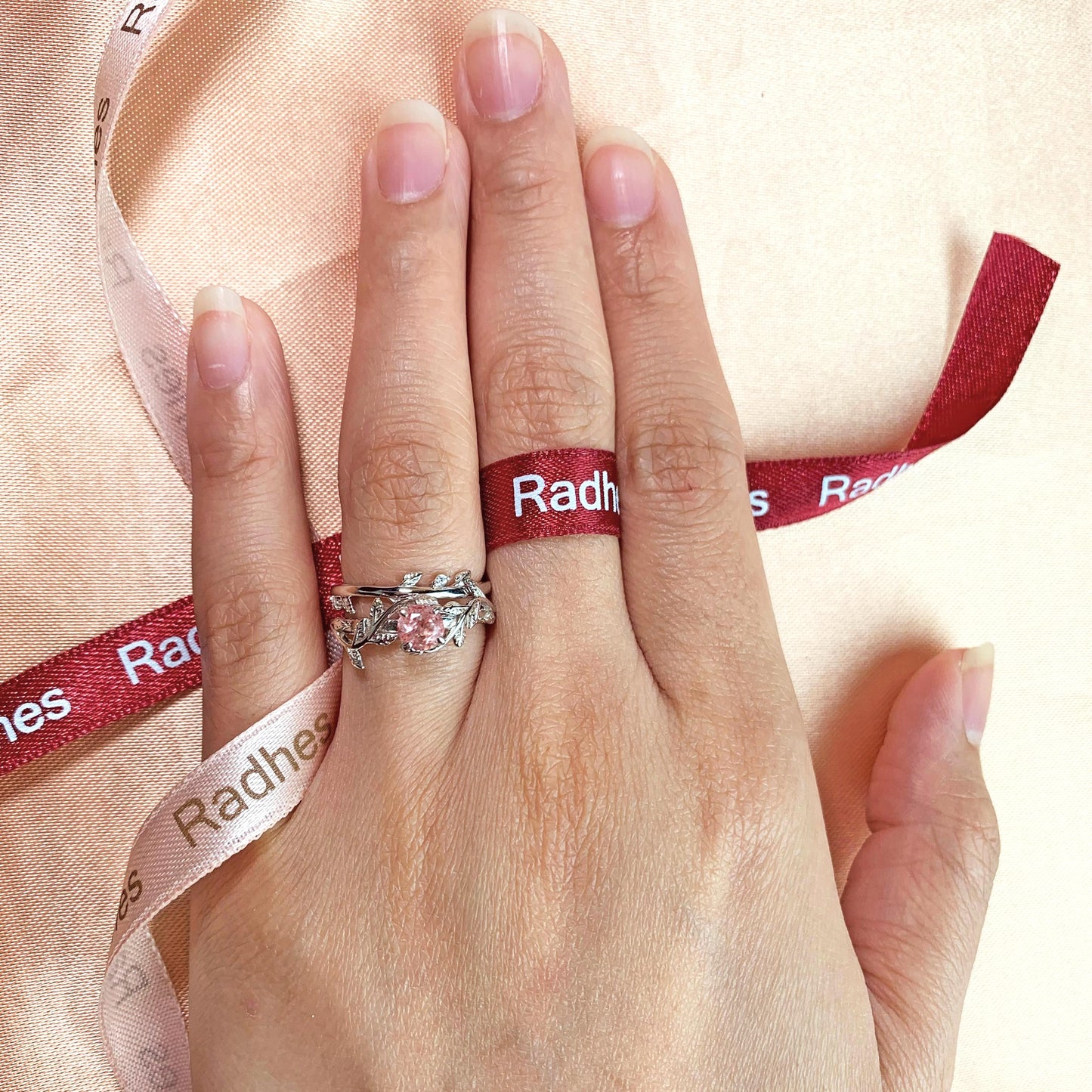 Vine 1 carat Round Cut Strawberry Quartz Solitaire Wedding Ring Set for Women with Matching Leaf Design Wedding Band in White Gold