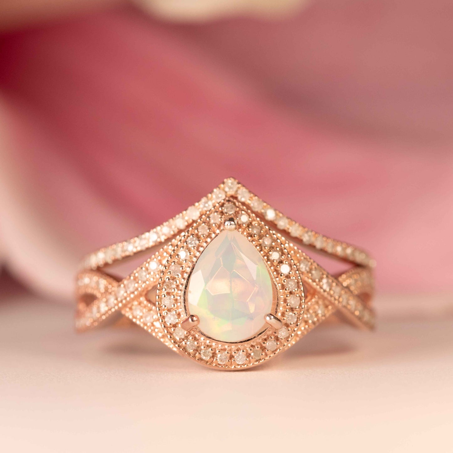 Huge 1.7 Carat Natural Fire Opal Halo Pear Shape Teardrop Vintage Chevron Wedding Ring Set with Diamond in Rose Gold