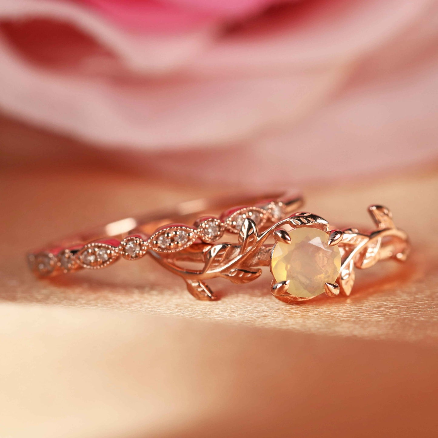 Vine 1.15 Carat Round Cut Fire Opal with Diamond Wedding Ring Set on Rose Gold