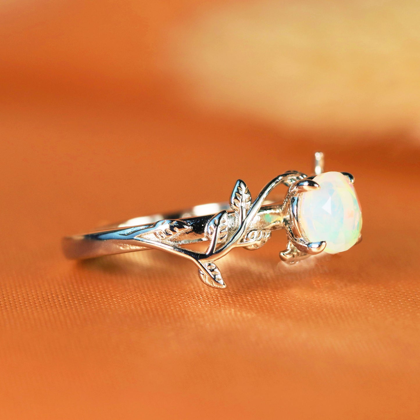Dainty 1 Carat Round Cut Opal Leaf Wedding Engagement Ring in White Gold