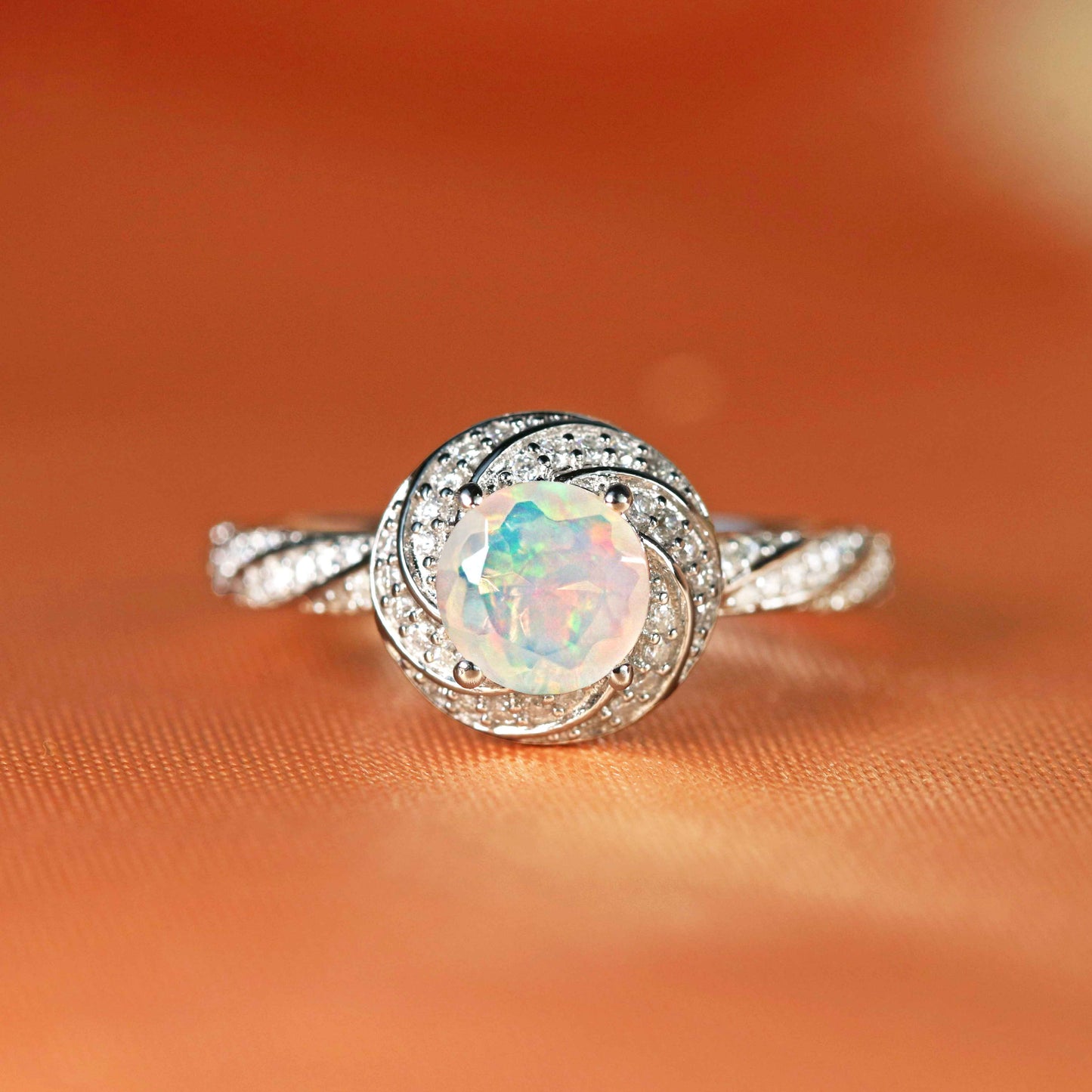 Unique 1.5 Carat Round Cut Fire Opal and Diamond Rope Halo Ring for Women with Diamond Rope Shank in White Gold
