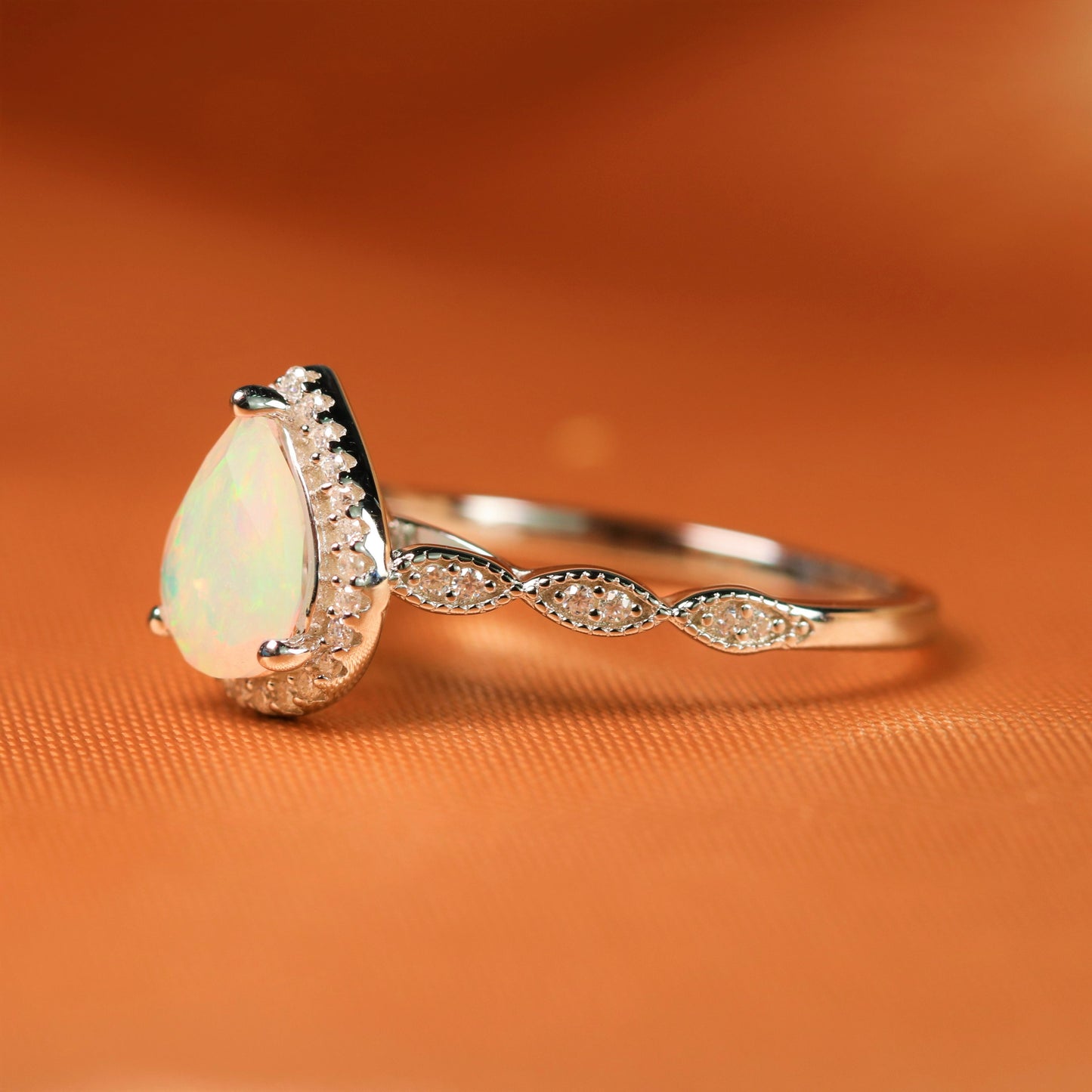 Halo 1.35 Carat Pear Shape Fire Opal Vintage Promise Ring in Gold