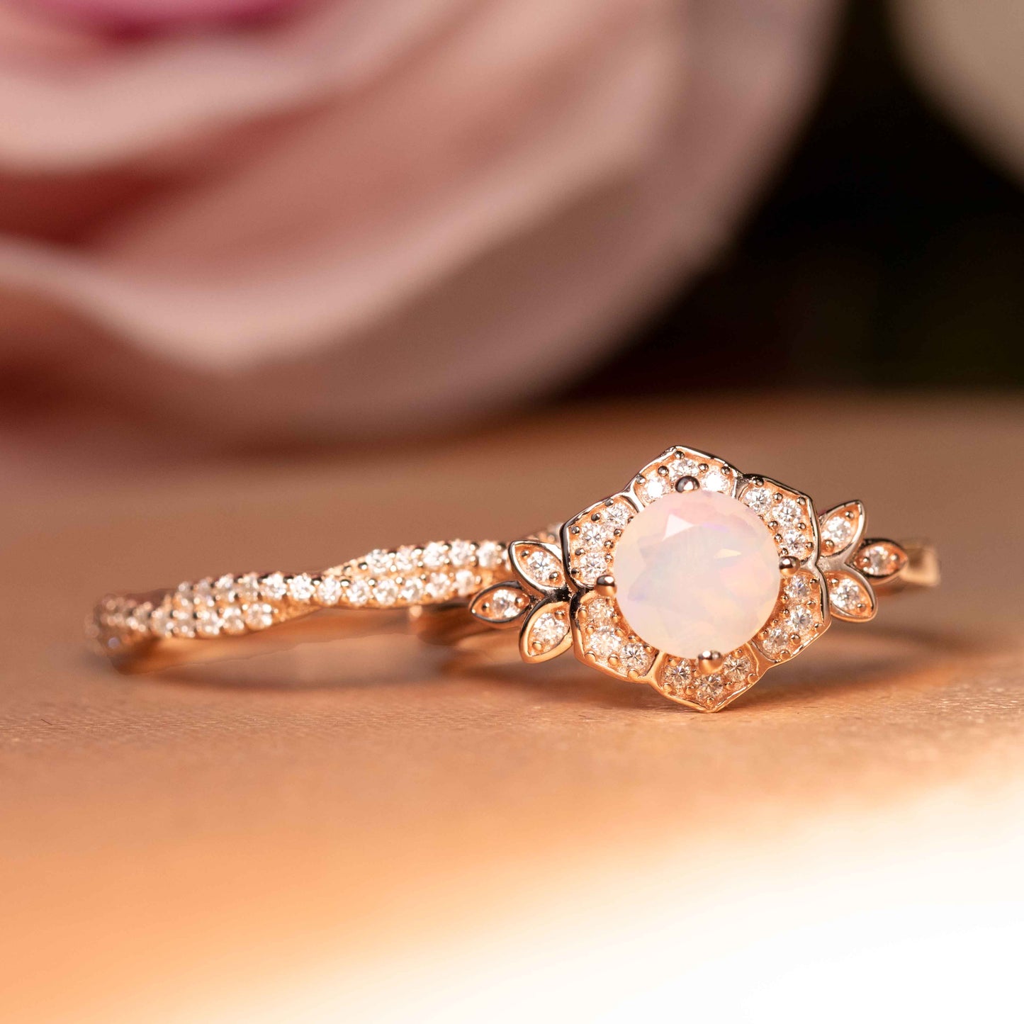 1.5 carat Flower Leaf design Fire Opal Bridal Wedding Ring Set with Diamond on Rose Gold