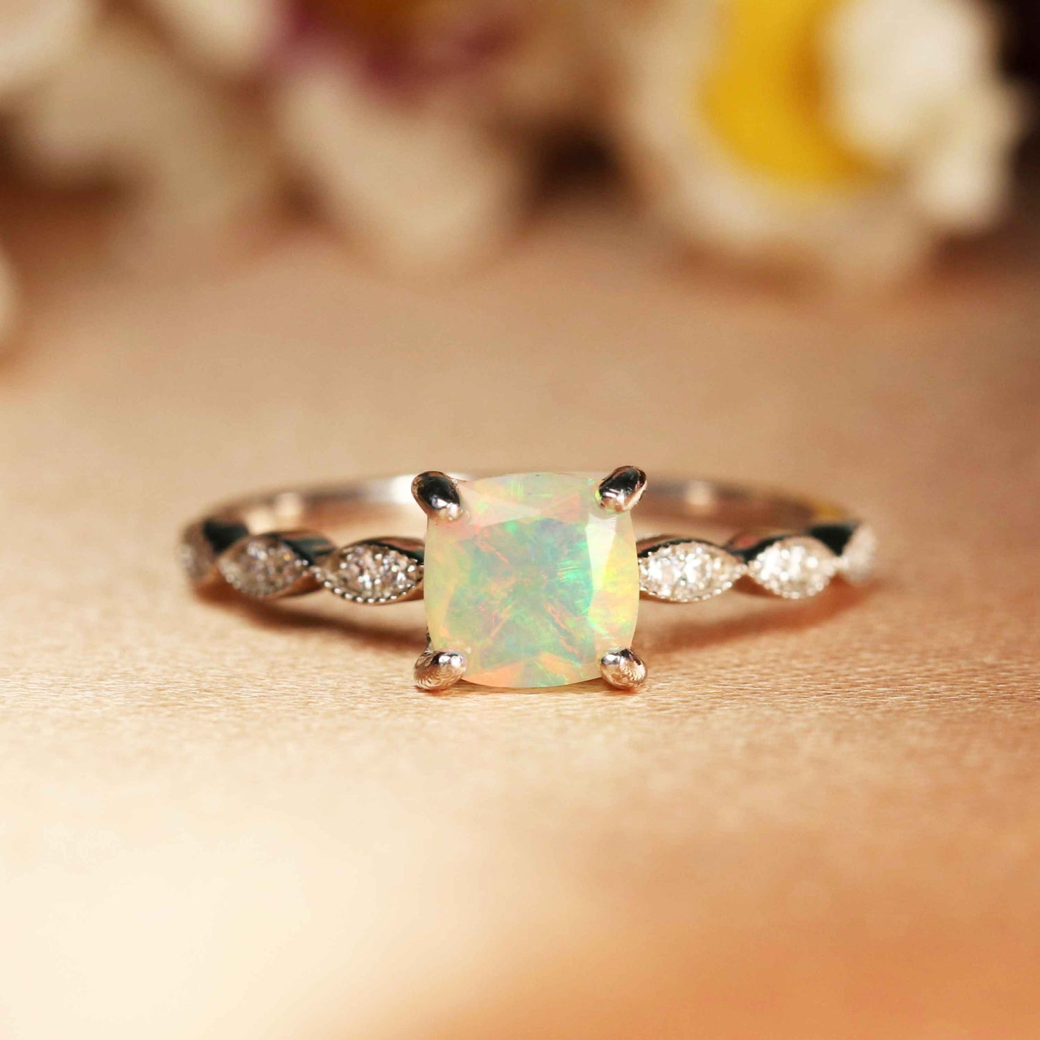 Square opal sales engagement rings
