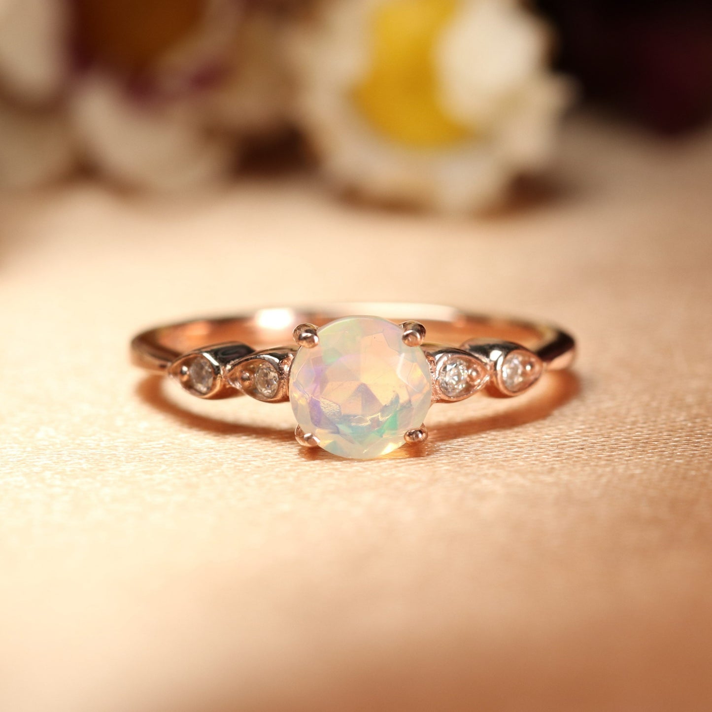 1 Carat 5 Stone Opal with diamond Engagement Wedding Ring for Women in Rose Gold