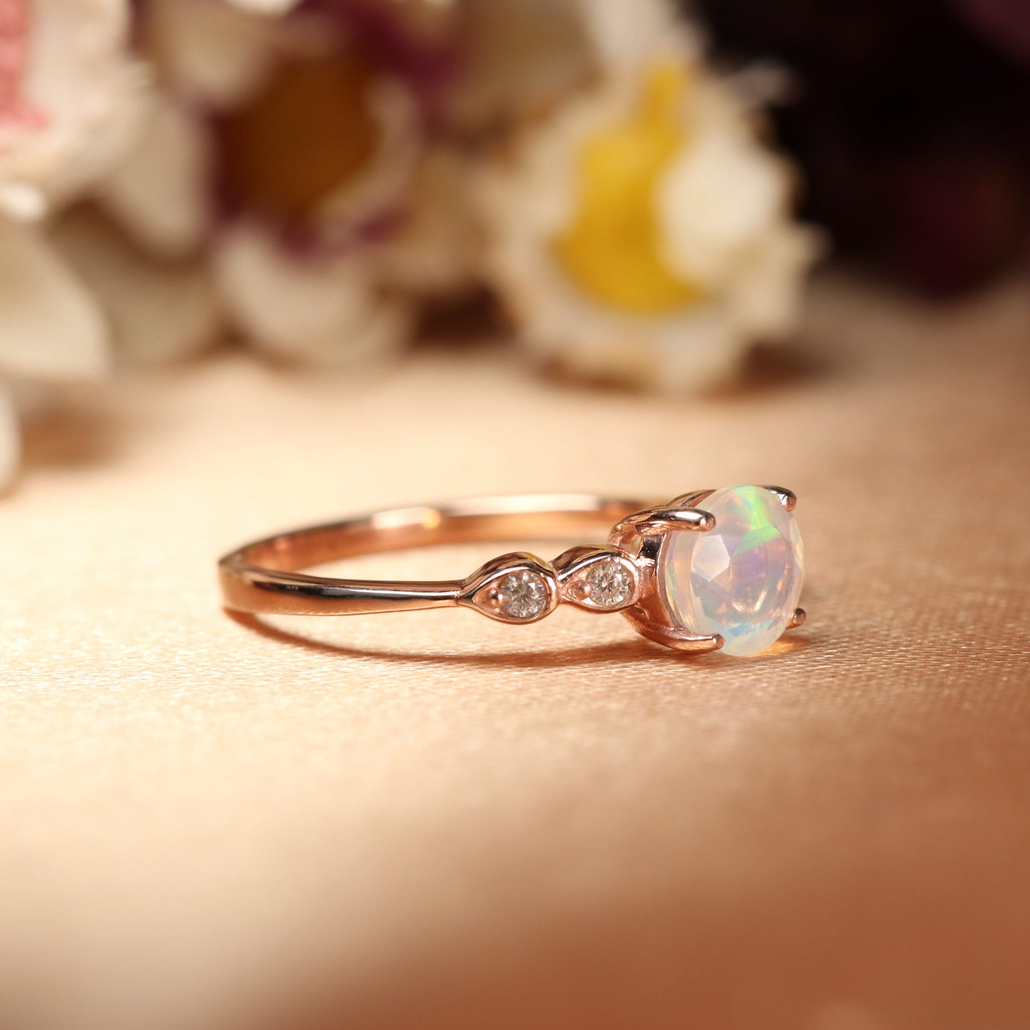 1 Carat 5 Stone Opal with diamond Engagement Wedding Ring for Women in Rose Gold
