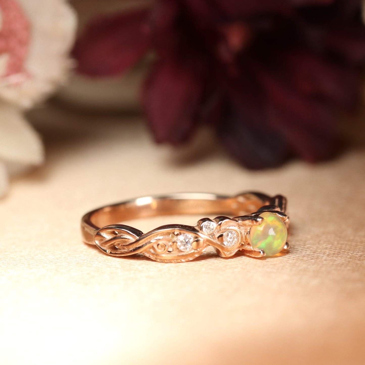 Dainty 0.85 Carat Opal and Diamond Engagement Ring for Women in Rose Gold