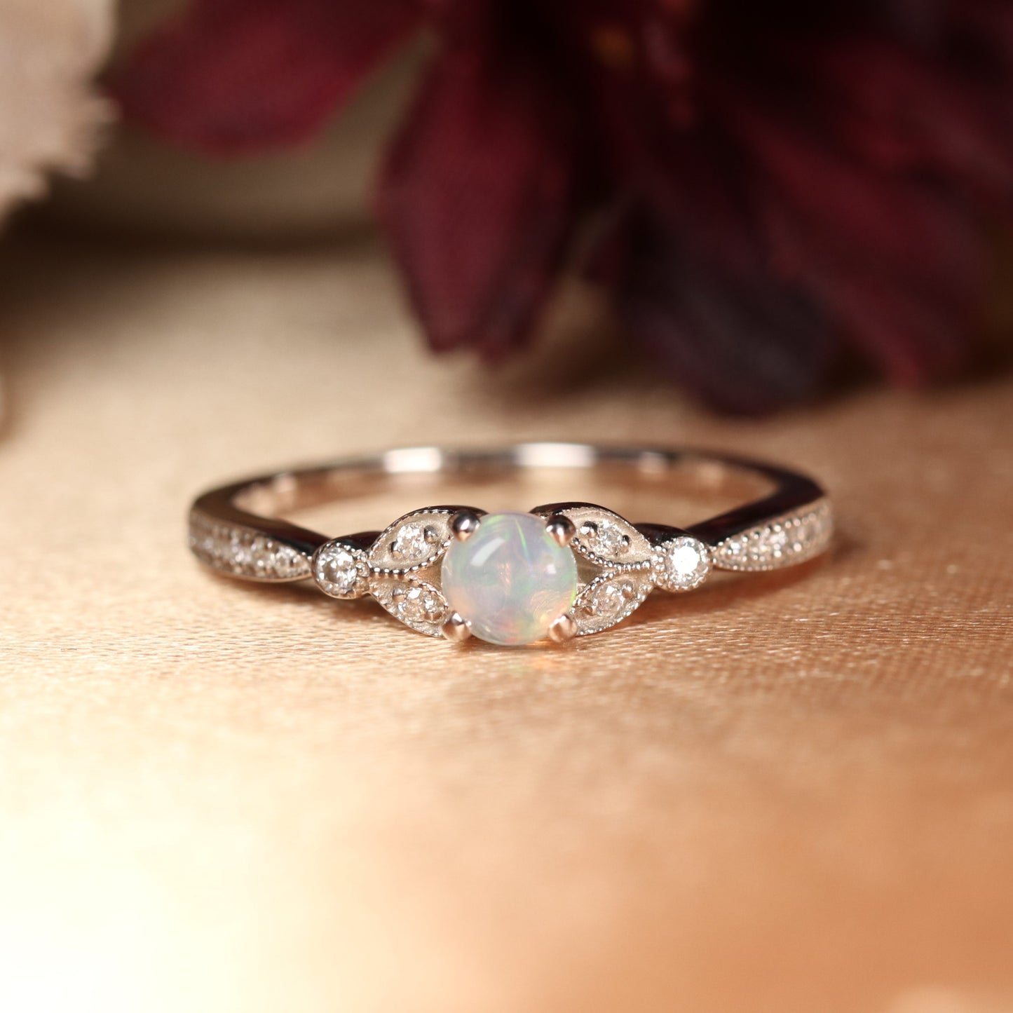 1.25 Carat Round Cut Fire Opal Nature-inspired Milgrain Engagement Ring in Gold
