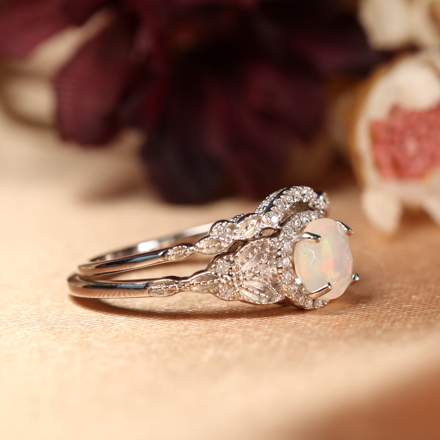 Vintage artdeco 1.25 Carat Round shape Fire Opal and Diamond Halo Bridal Wedding Set in Gold