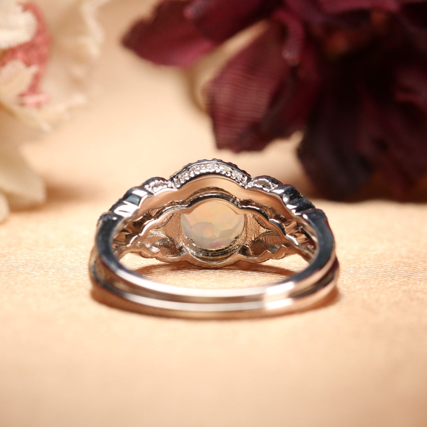 Vintage artdeco 1.25 Carat Round shape Fire Opal and Diamond Halo Bridal Wedding Set in Gold