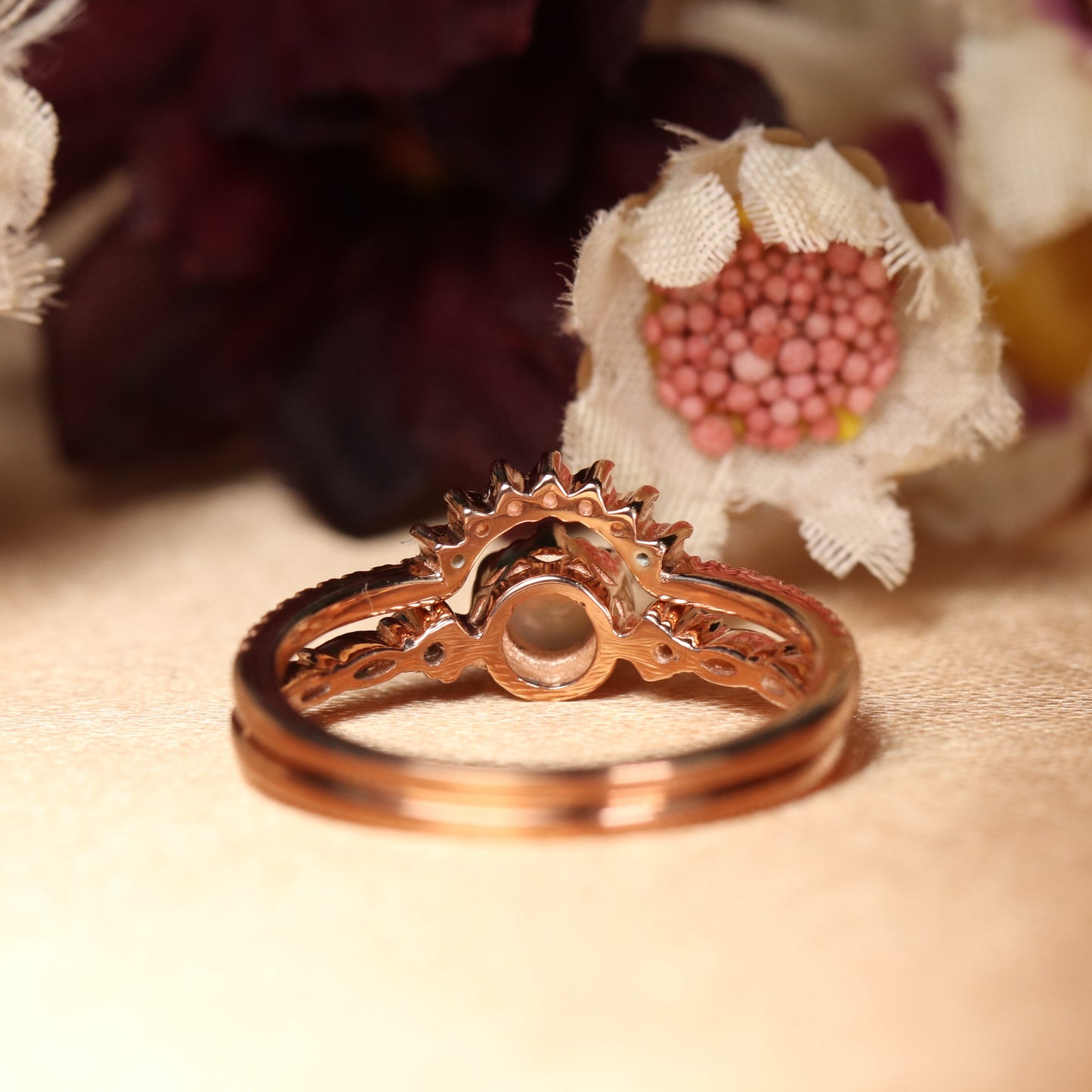 New Design 1.1 Carat Round Cut Fire Opal and Diamond Open Cut Milgrain Bridal Ring Set in Gold