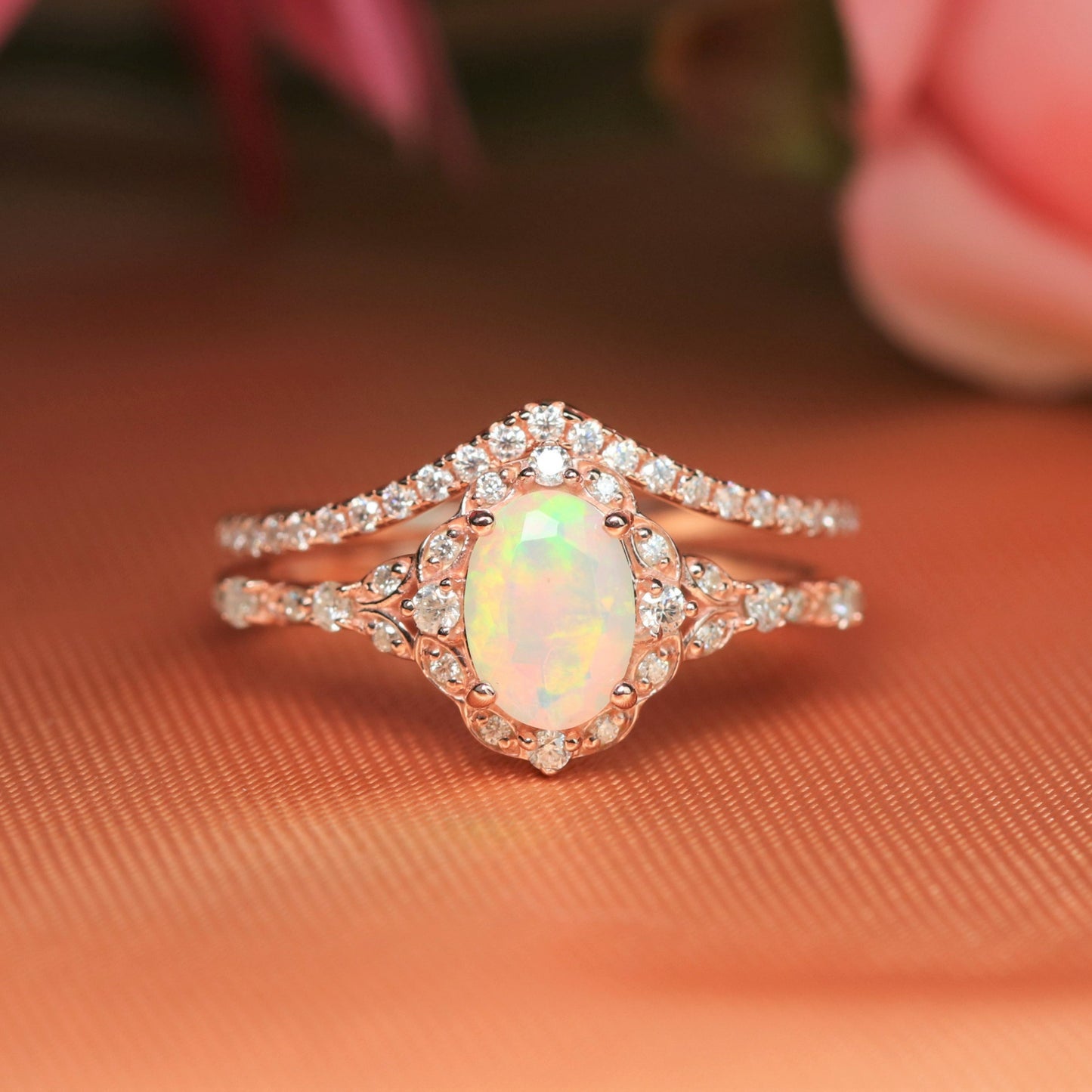 1.65 carat Oval cut Opal Bridal curved Wedding Ring Set with Diamond on Rose Gold