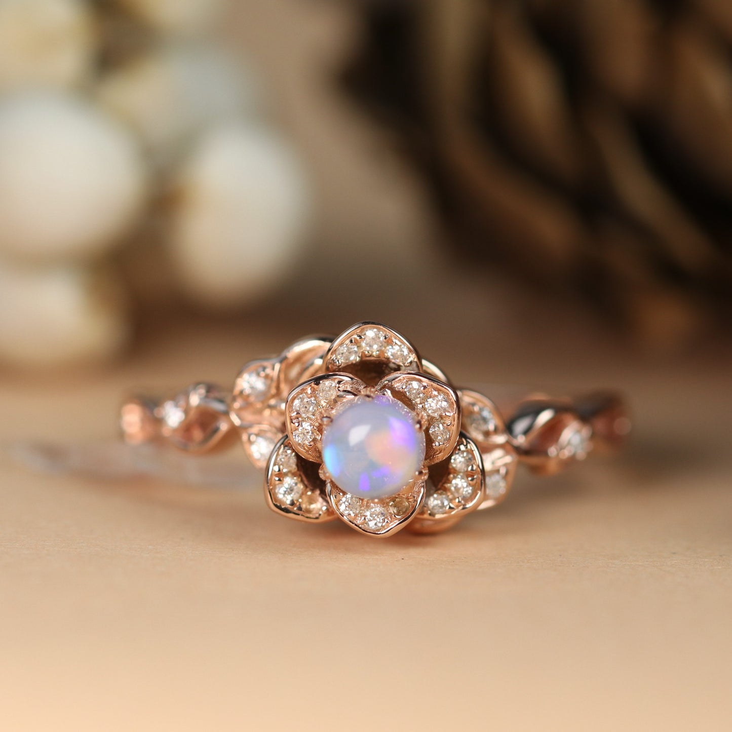 New 0.75 Carat Round Cut Fire Opal Rose Flower Wedding Ring for Women in Gold