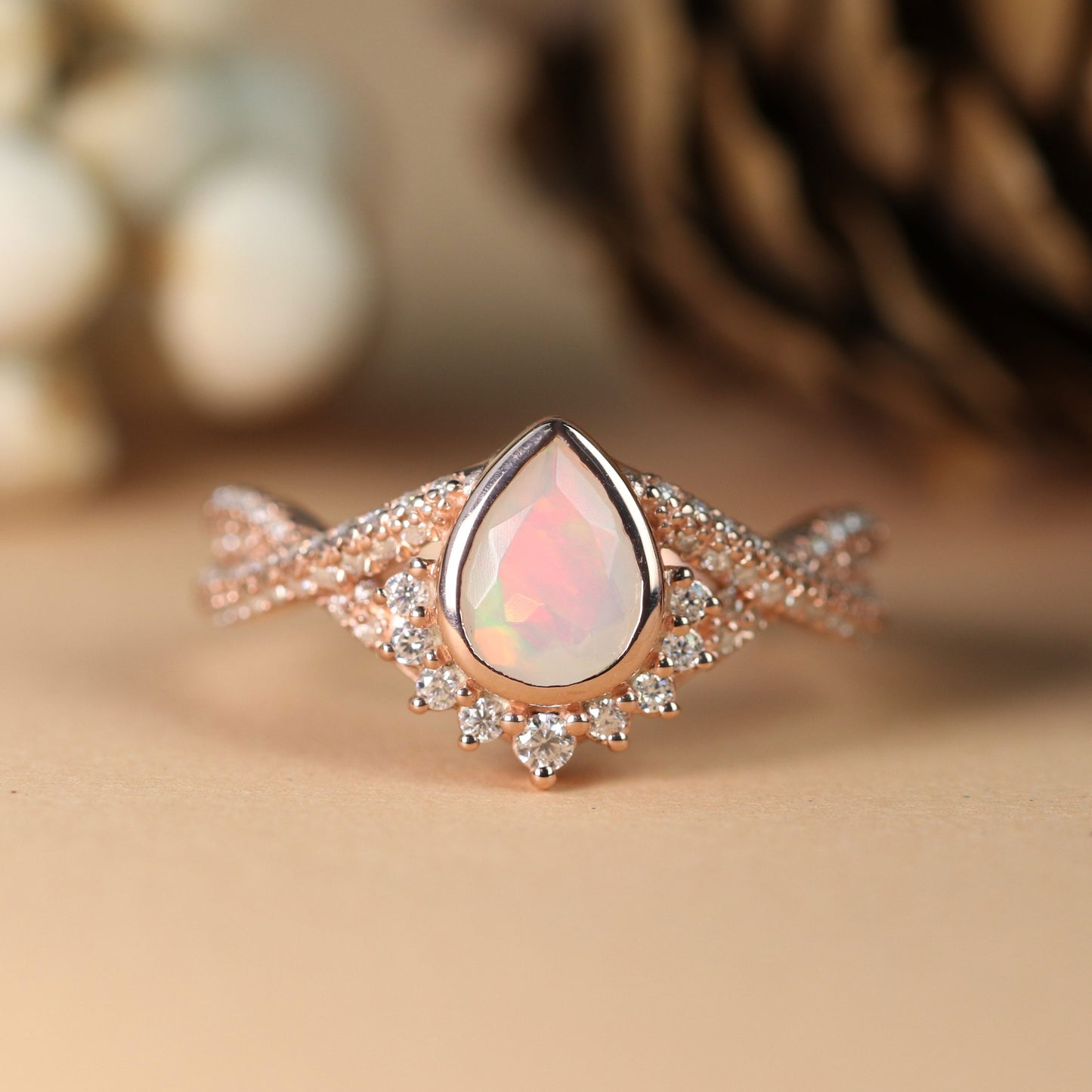 Antique Half Halo 1.5 Carat Pear Shape Opal Engagement Ring in Rose Gold