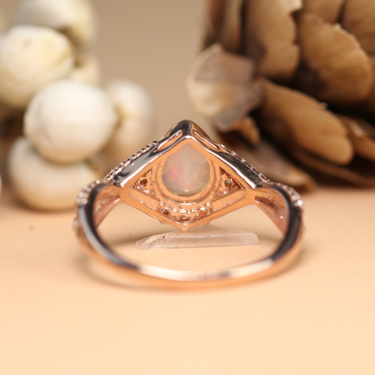Antique Half Halo 1.5 Carat Pear Shape Opal Engagement Ring in Rose Gold