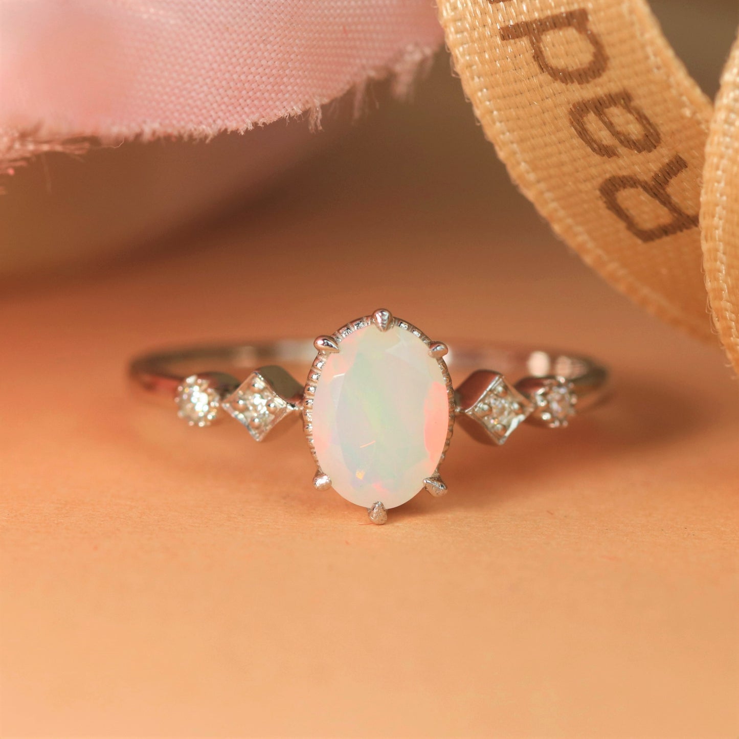 Square and Dot 1 Carat Oval Cut Opal Milgrain Bezel Wedding Engagement Ring with Diamonds in Gold on Sale