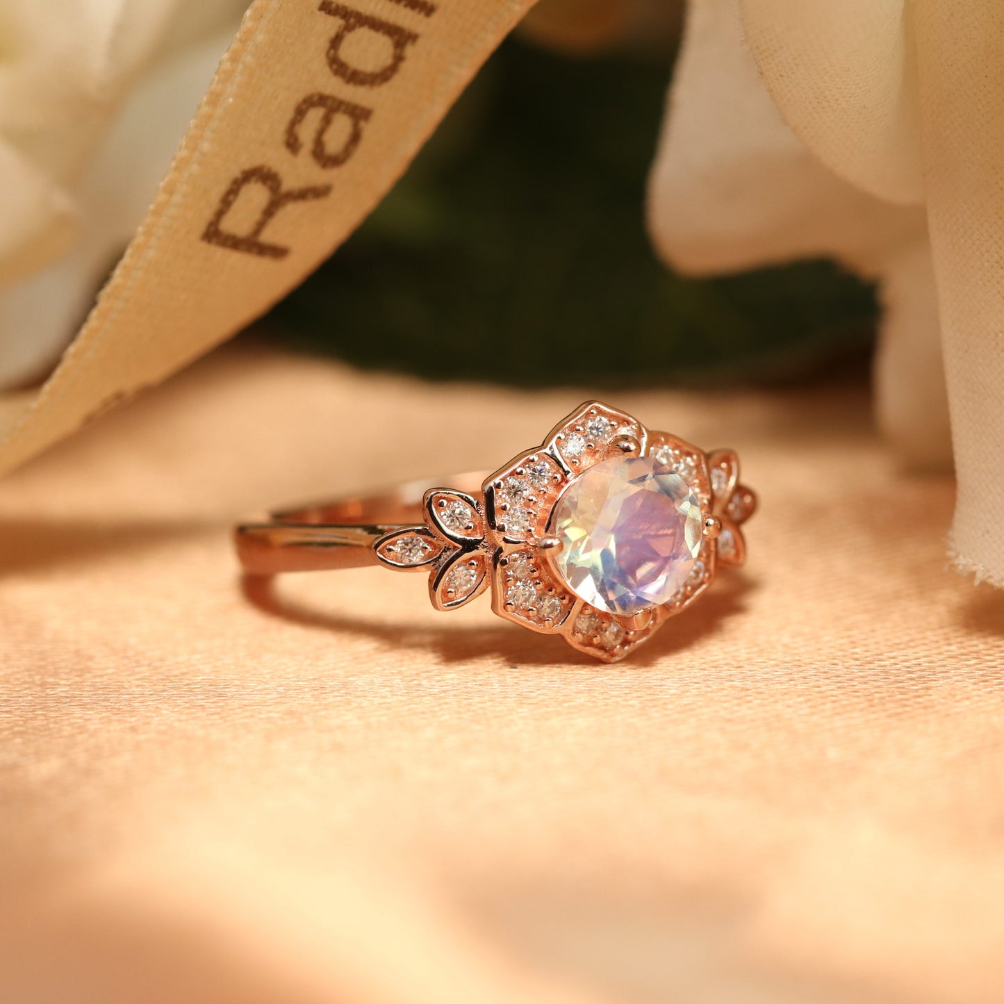 Flower Shape 1.25 carat Round Cut Moonstone Engagement Ring for Women in Rose Gold