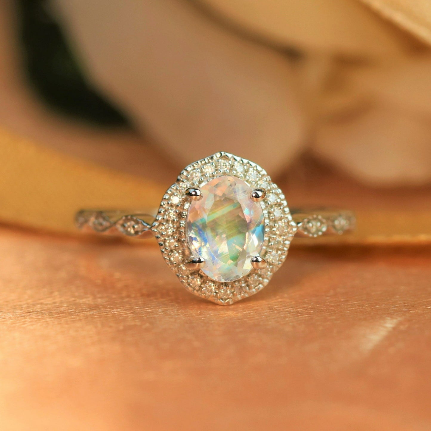 Antique Vintage 1.5 carat Oval Cut Rainbow Moonstone Halo Ring in White Gold
