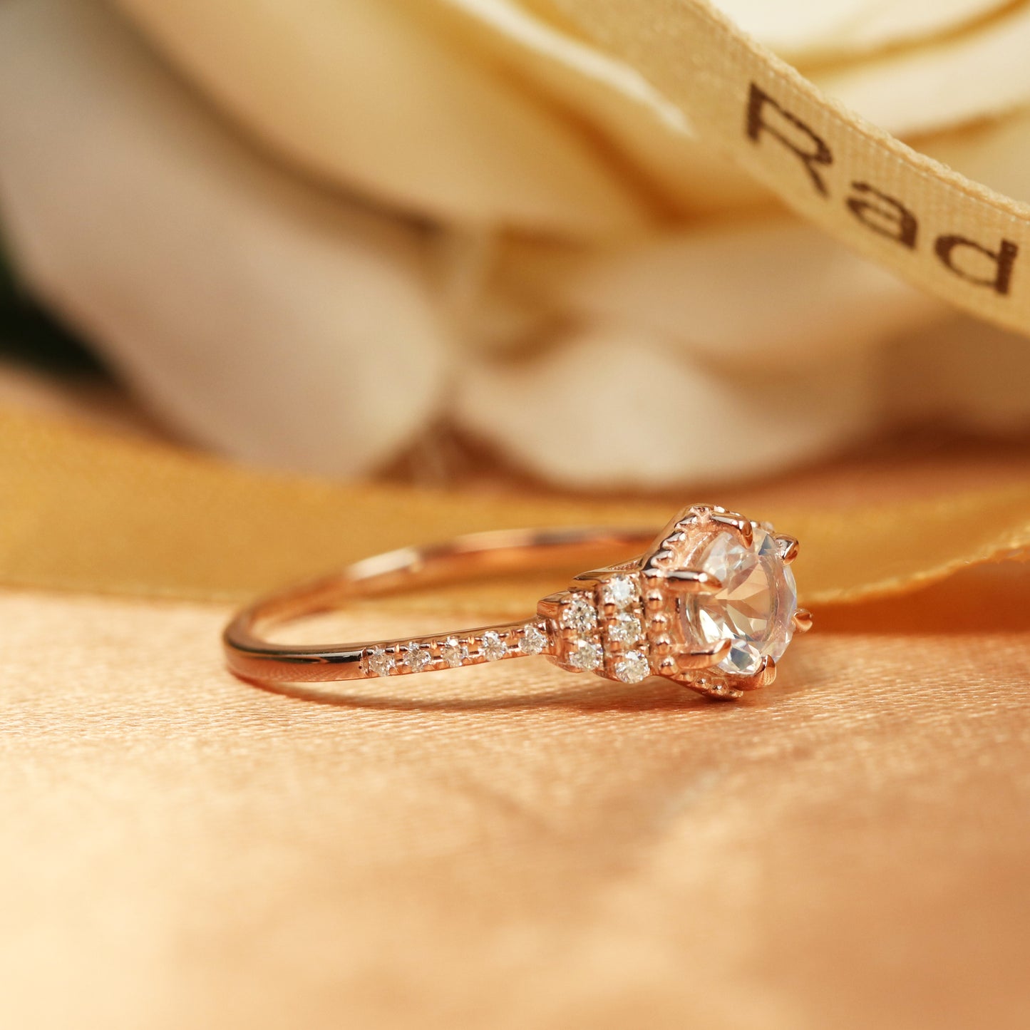 Unique Hexagon 1.3 carat Round rainbow Moonstone Engagement Wedding Ring in Rose Gold