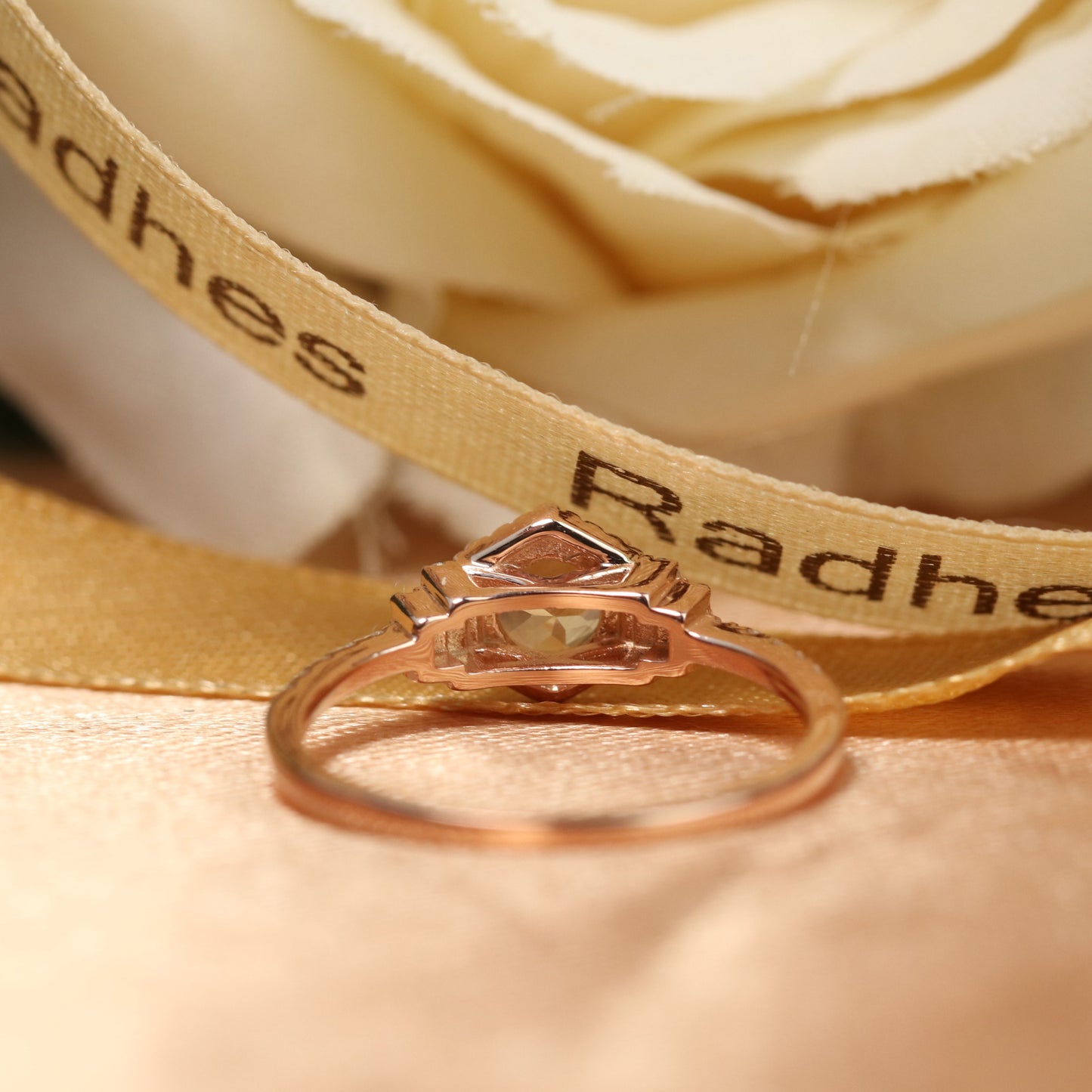 Unique Hexagon 1.3 carat Round rainbow Moonstone Engagement Wedding Ring in Rose Gold