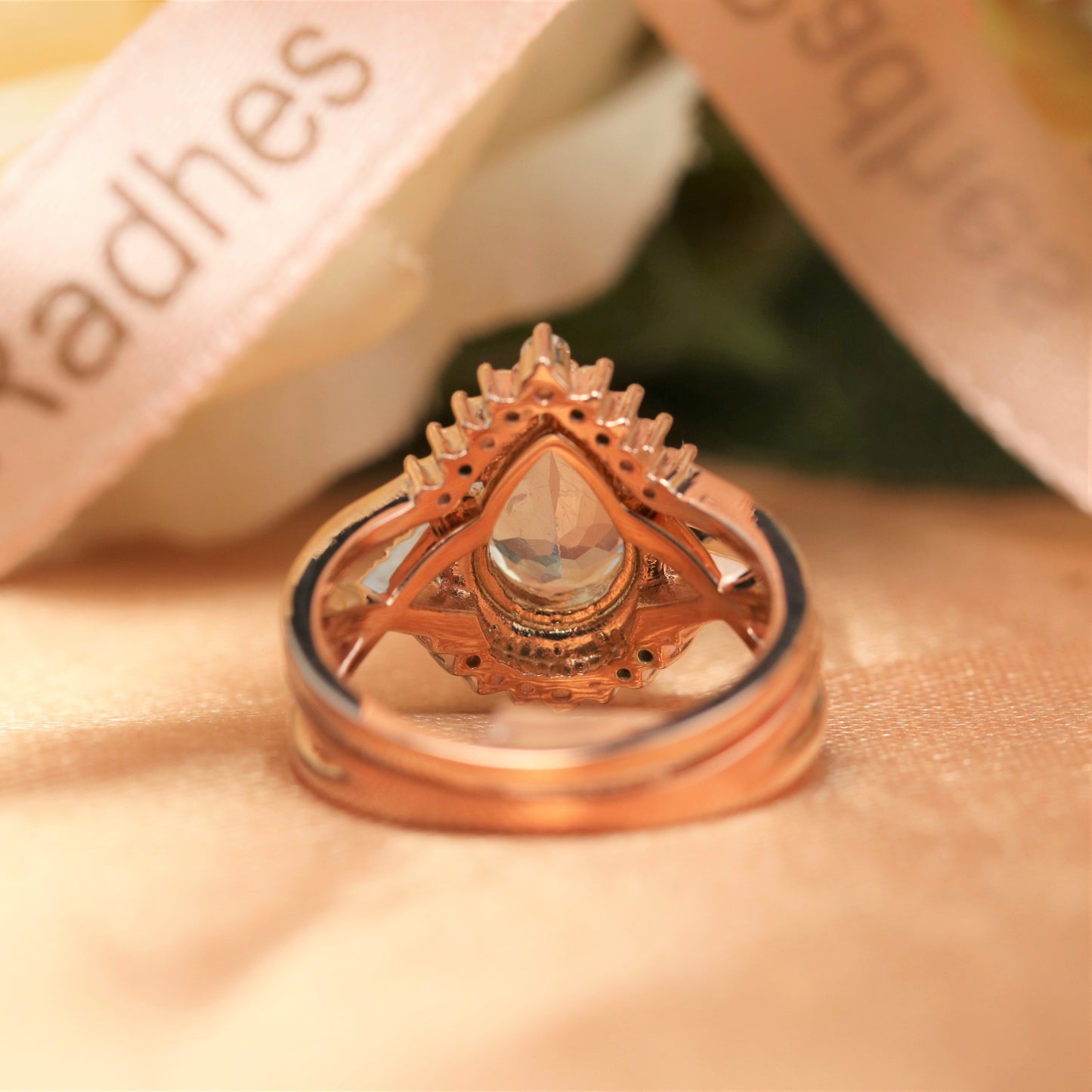 1.75 carat pear shape tear drop Moonstone Wedding Bridal Ring Set in Rose Gold