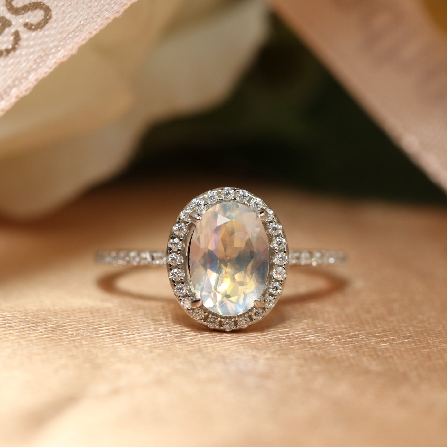 Classic 1.5 carat oval cut Moonstone Halo Wedding Engagement Ring with Diamonds on Sale