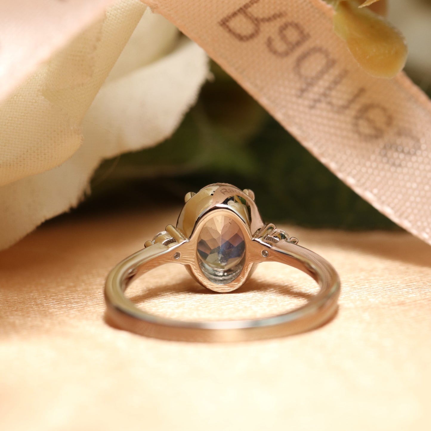 Trilogy Past Present and Future, 1.1 carat Oval cut rainbow Moonstone Engagement Ring in White Gold