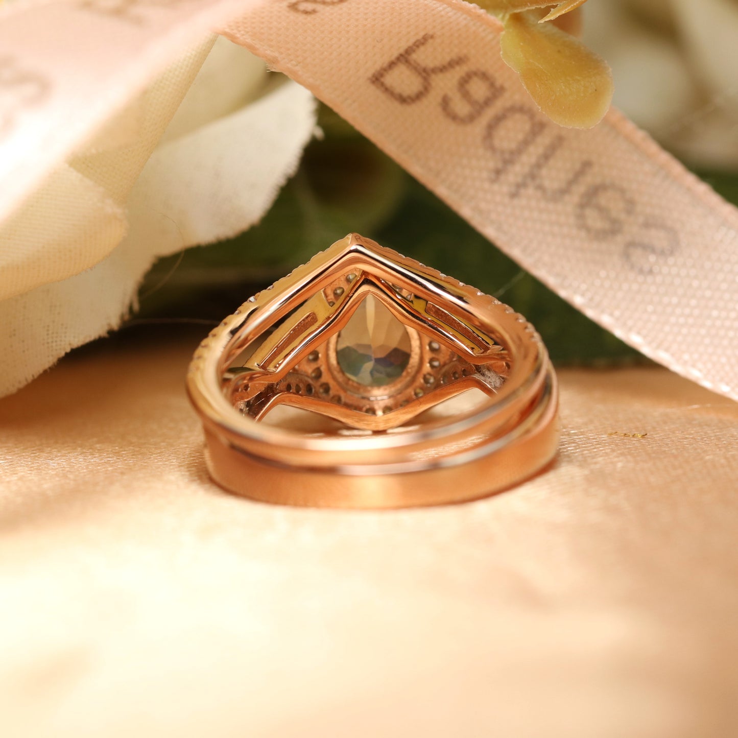 Huge 1.7 carat Natural rainbow Moonstone Halo Teardrop Vintage Chevron Wedding Ring Set with Diamond in Rose Gold