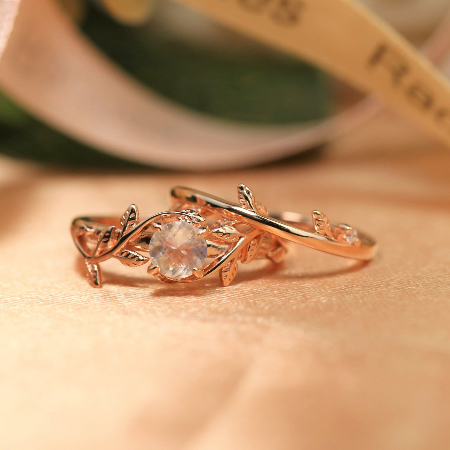 Leaf Design 1 carat Round cut rainbow Moonstone Diamond Wedding Set with Matching Wedding Ring Band, Rose Gold