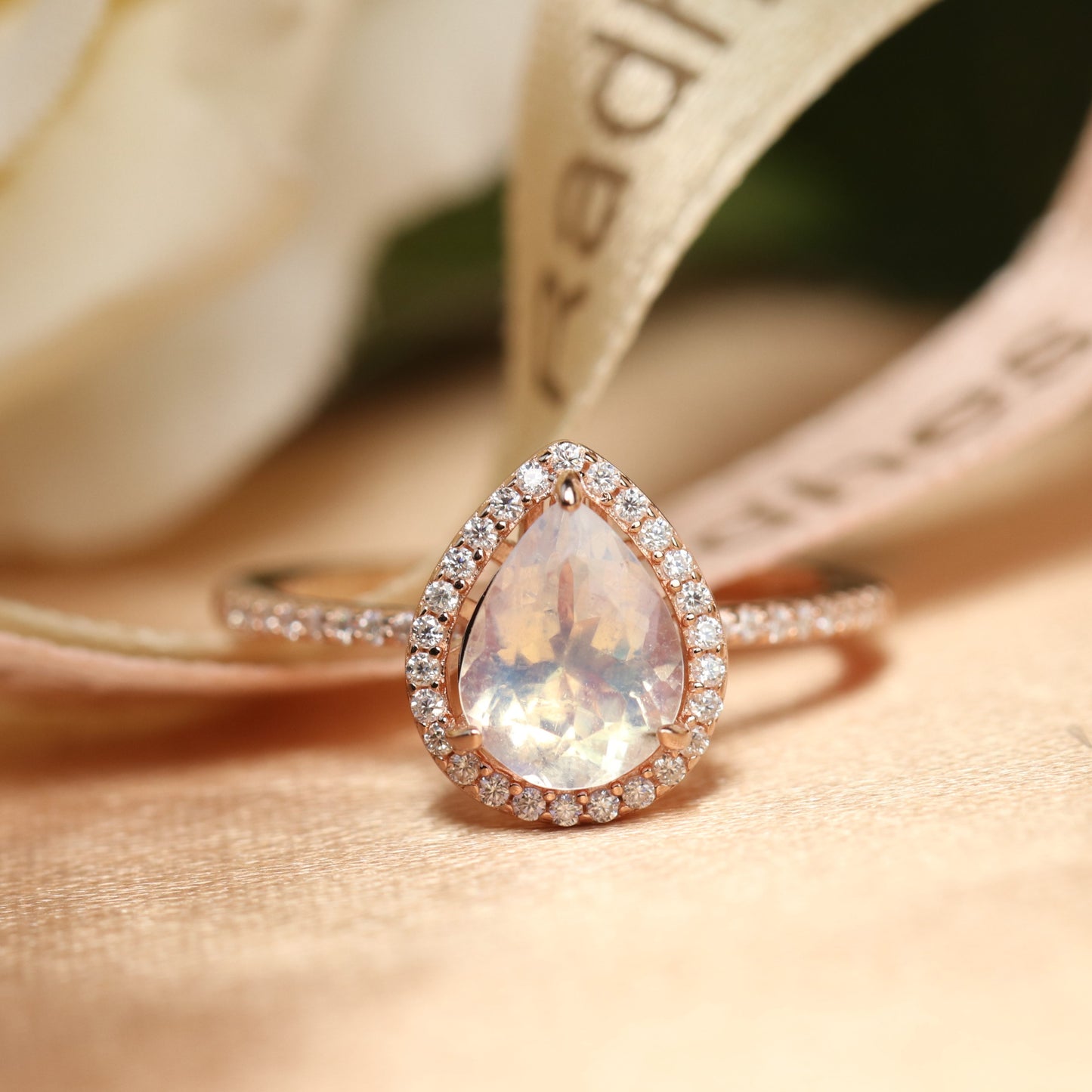 Classic 1.5 carat Tear Drop Shape Moonstone Promise Ring for Her in Rose Gold