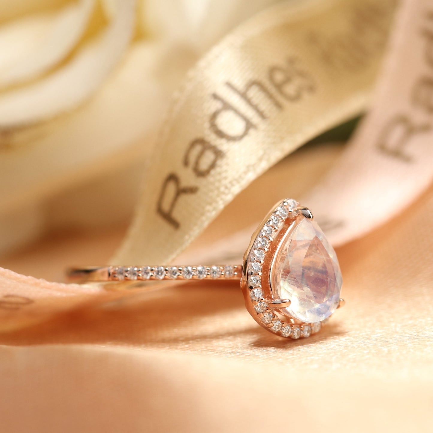 Classic 1.5 carat Tear Drop Shape Moonstone Promise Ring for Her in Rose Gold