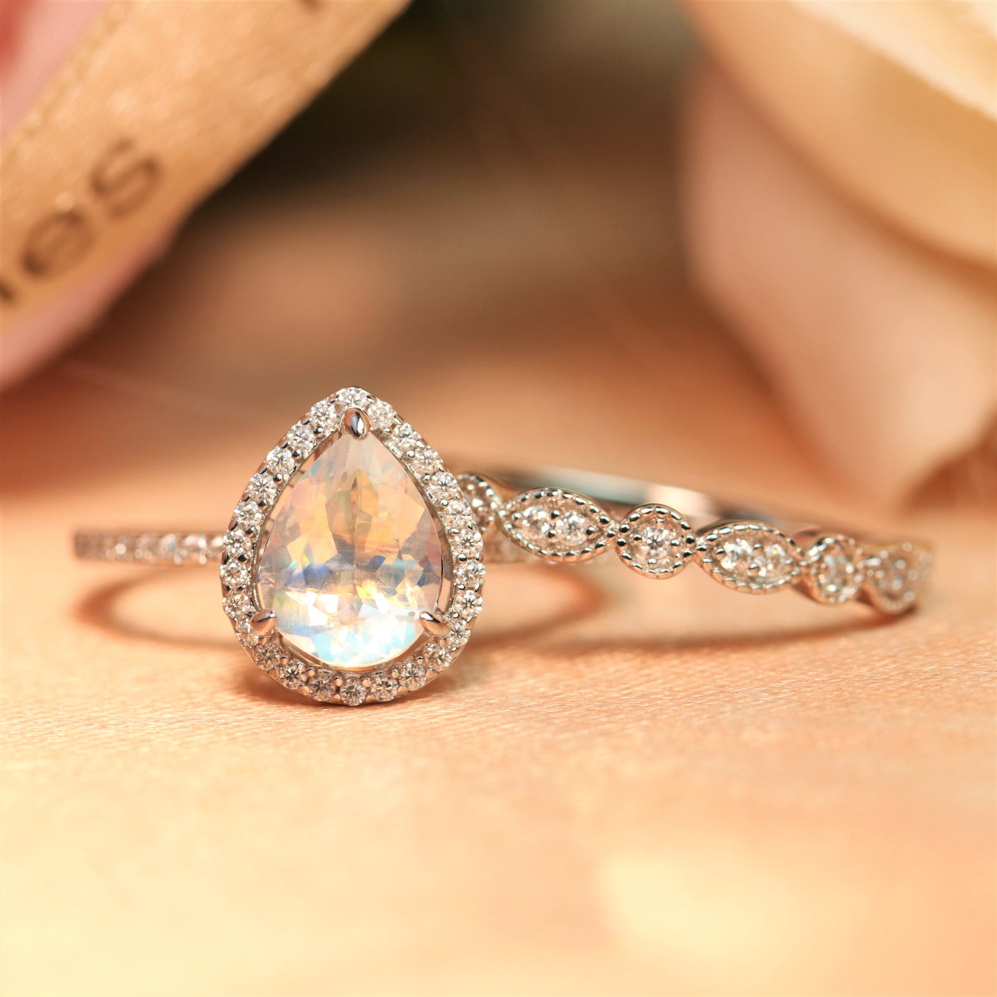 Perfect 1.65 carat Rainbow Moonstone Tear Drop Wedding Ring Set with Matching Eternity Wedding Ring Band in White Gold