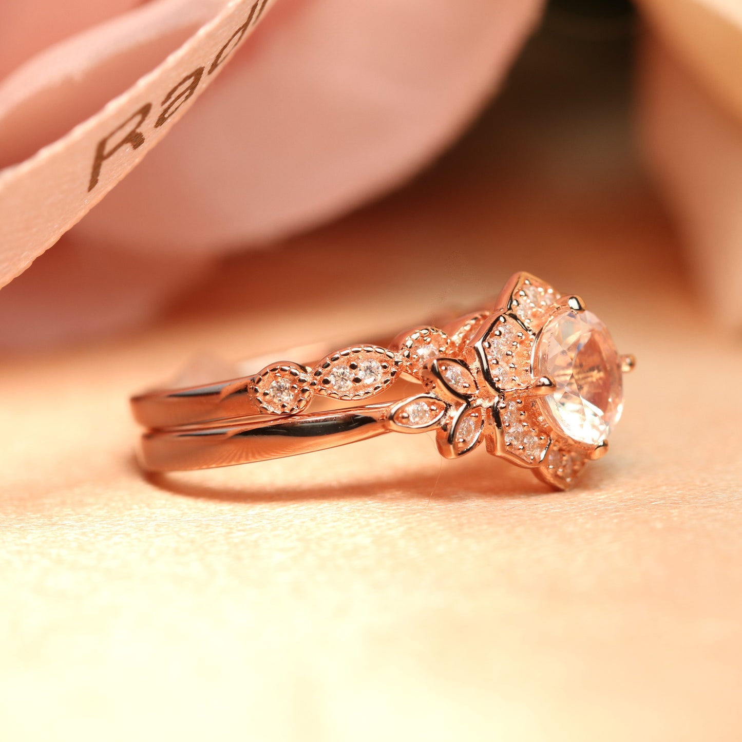 1.45 carat Flower Leaf Design Rainbow Moonstone Bridal Wedding Ring Set with Diamond on Rose Gold