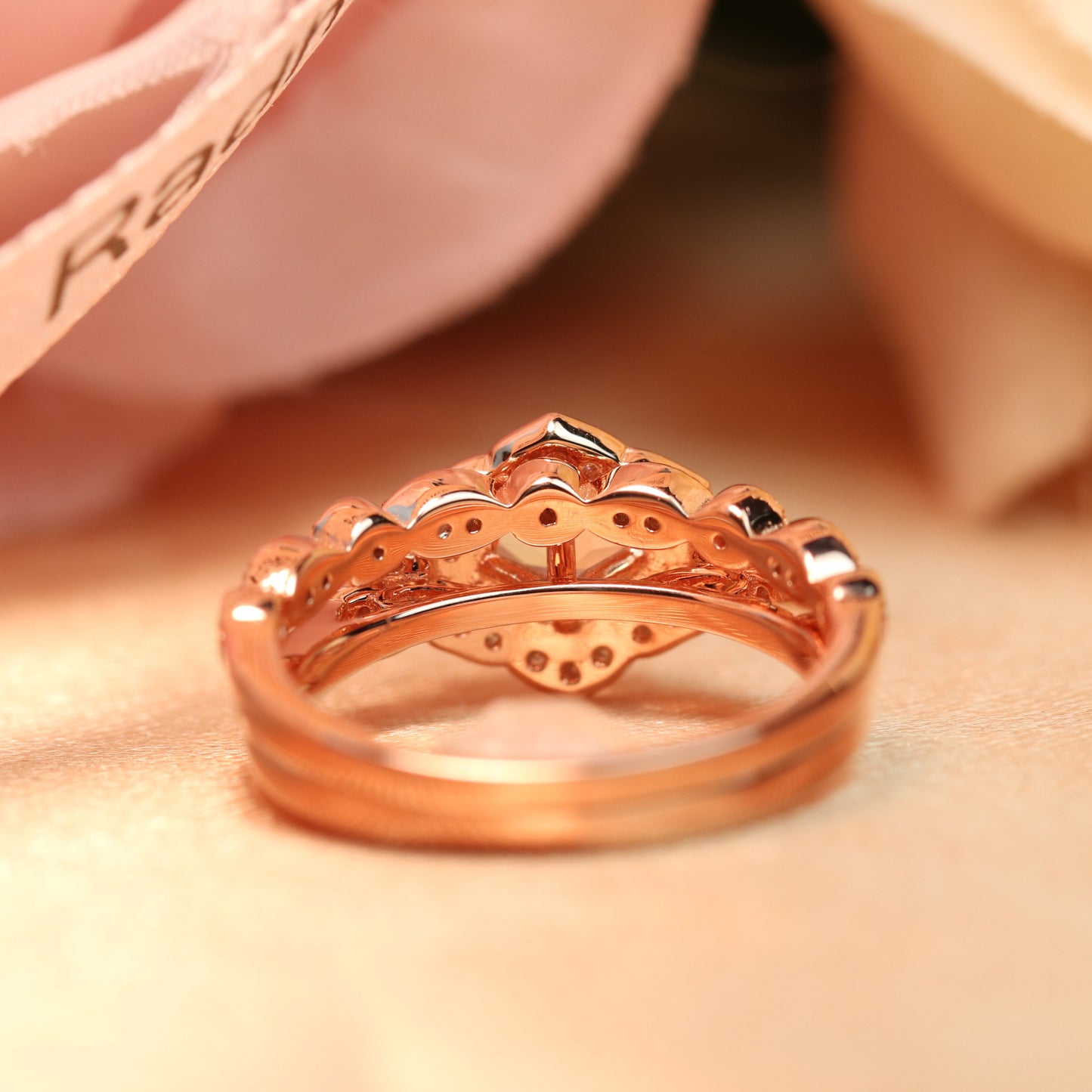 1.45 carat Flower Leaf Design Rainbow Moonstone Bridal Wedding Ring Set with Diamond on Rose Gold