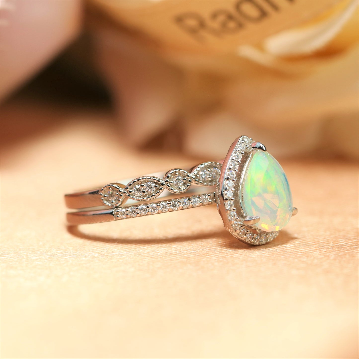 Perfect 1.6 Carat Fire Opal Tear Drop Wedding Ring Set with Matching Eternity Wedding Ring Band in White Gold