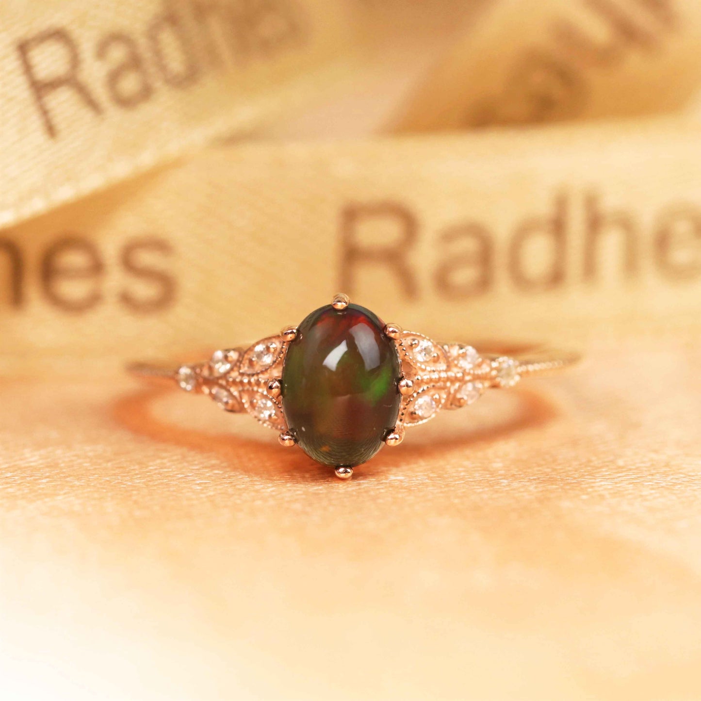 Dainty 1.1 Carat Oval Shape Black Opal and Diamond Leaf Design Milgrain Ring for Women in Rose Gold