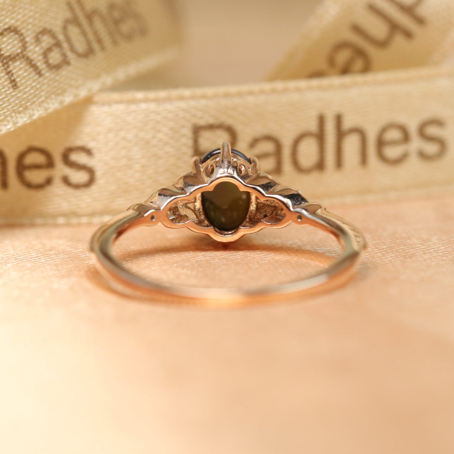Dainty 1.1 Carat Oval Shape Black Opal and Diamond Leaf Design Milgrain Ring for Women in Rose Gold