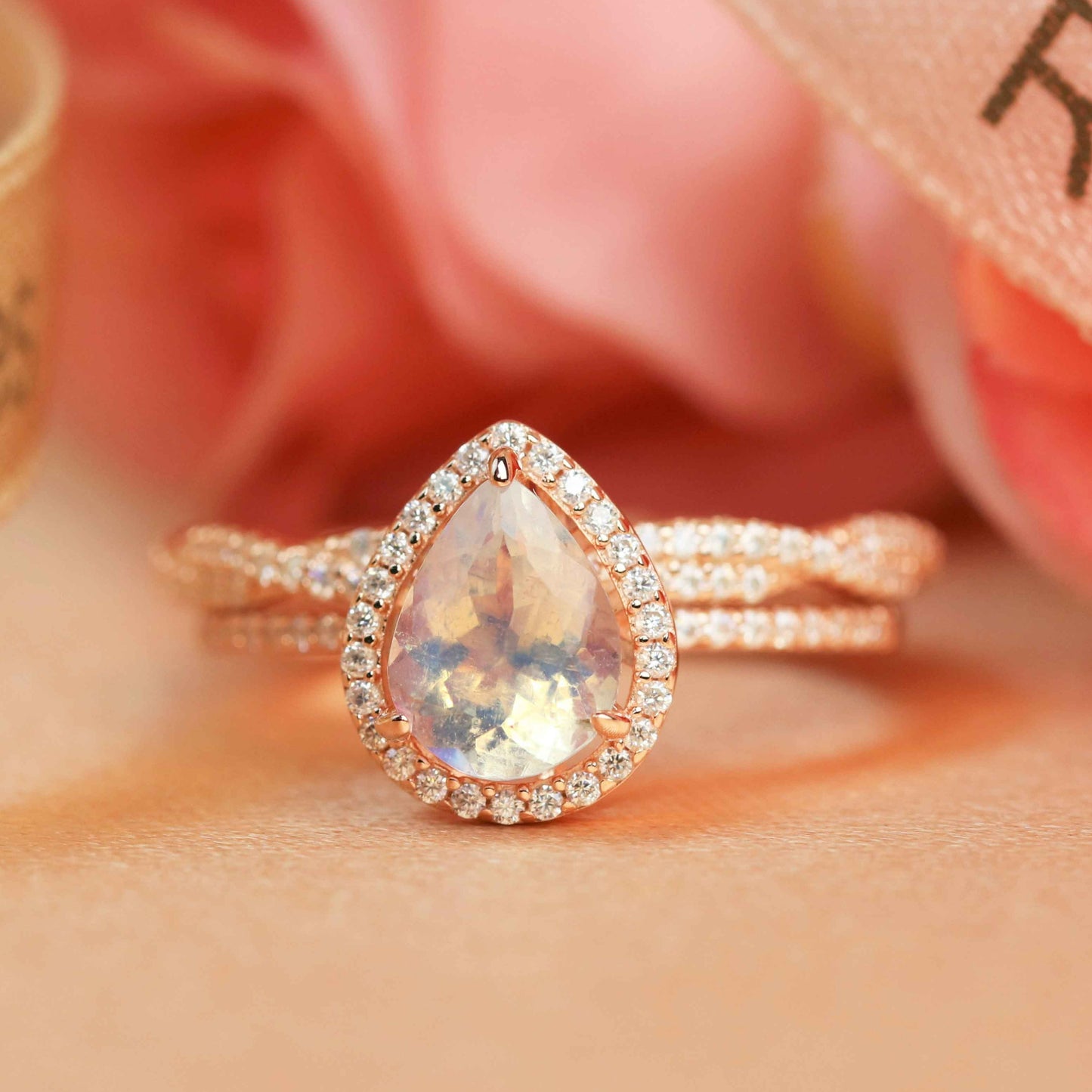 Perfect 1.75 carat rainbow Moonstone tear drop Wedding Ring Set with Matching Eternity Wedding Ring Band