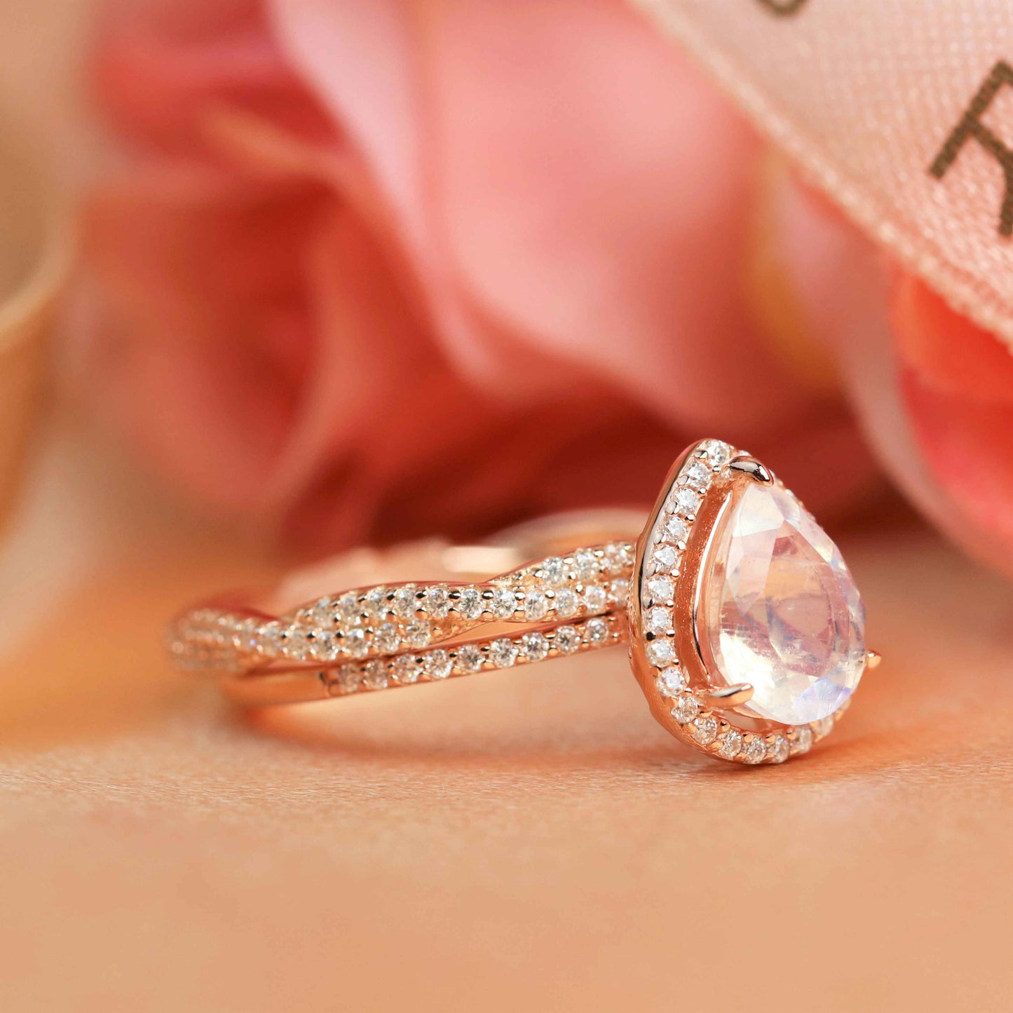 Perfect 1.75 carat rainbow Moonstone tear drop Wedding Ring Set with Matching Eternity Wedding Ring Band