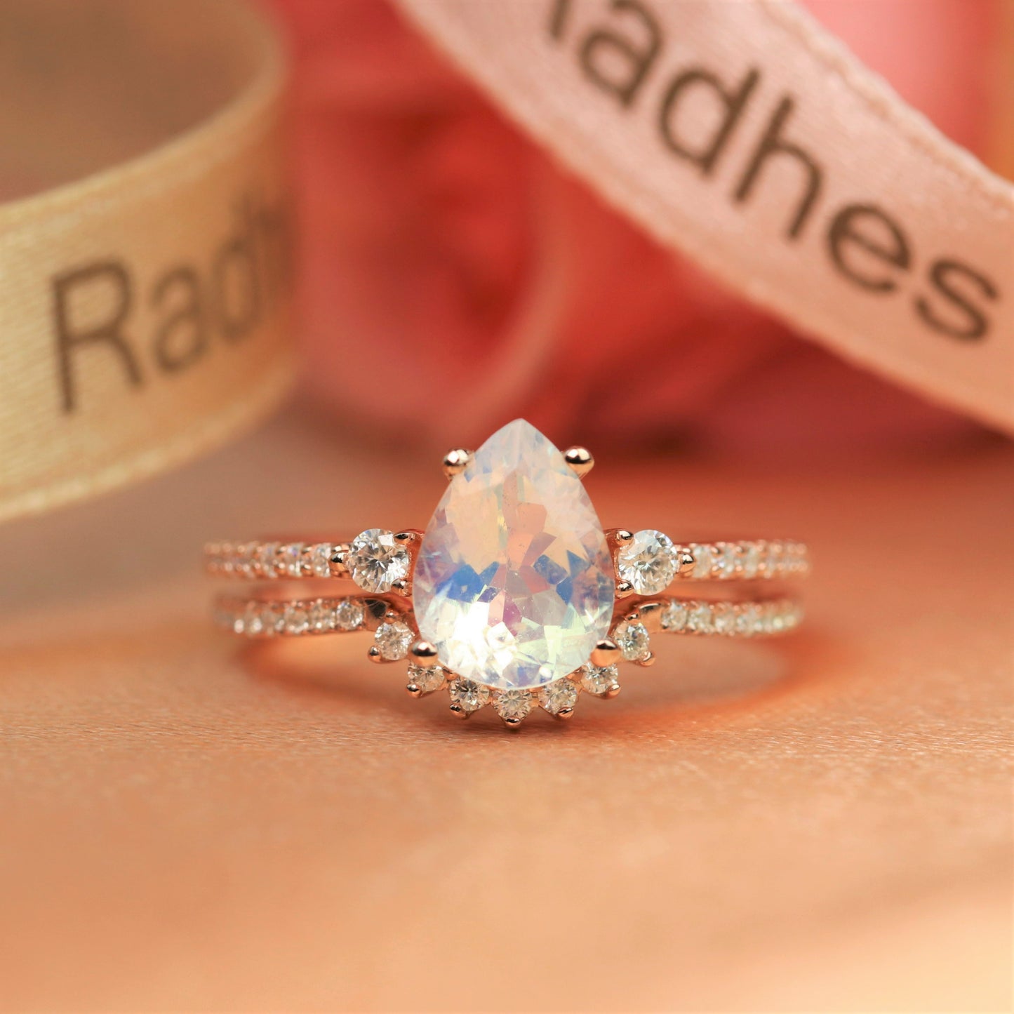 Half halo 1.5 carat pear shape Rainbow Moonstone vintage Wedding Ring Set in Rose Gold