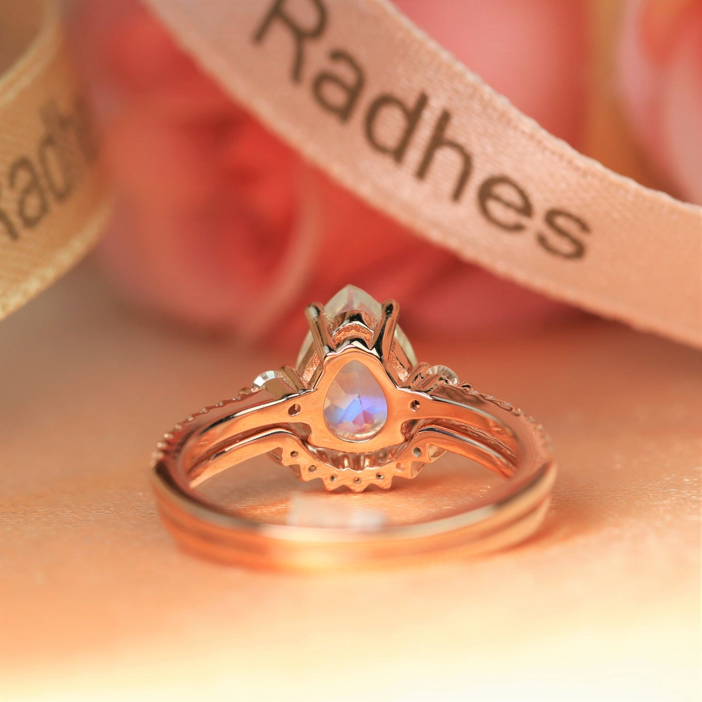 Half halo 1.5 carat pear shape Rainbow Moonstone vintage Wedding Ring Set in Rose Gold