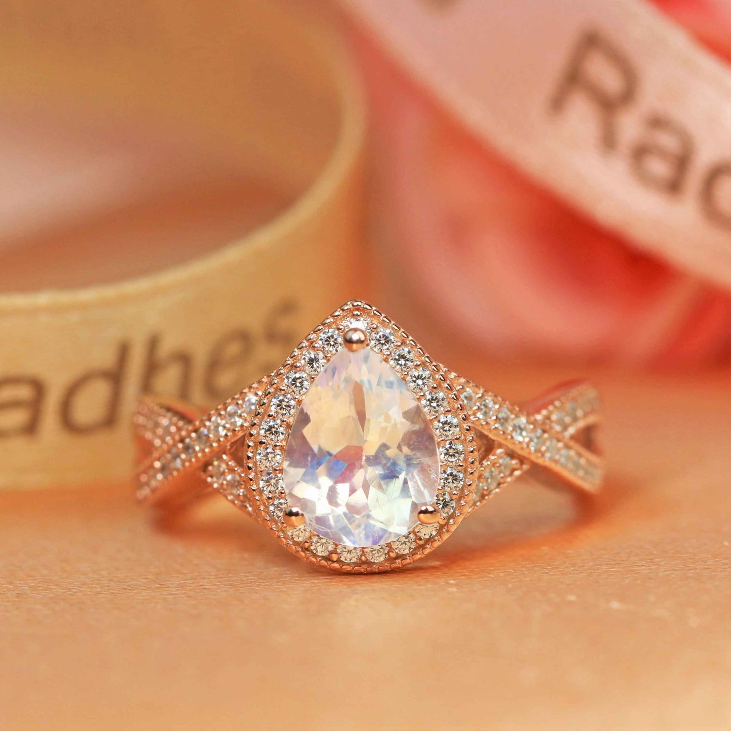 Antique milgrain 1.5 carat pear shape teardrop Moonstone Engagement Ring in Rose Gold