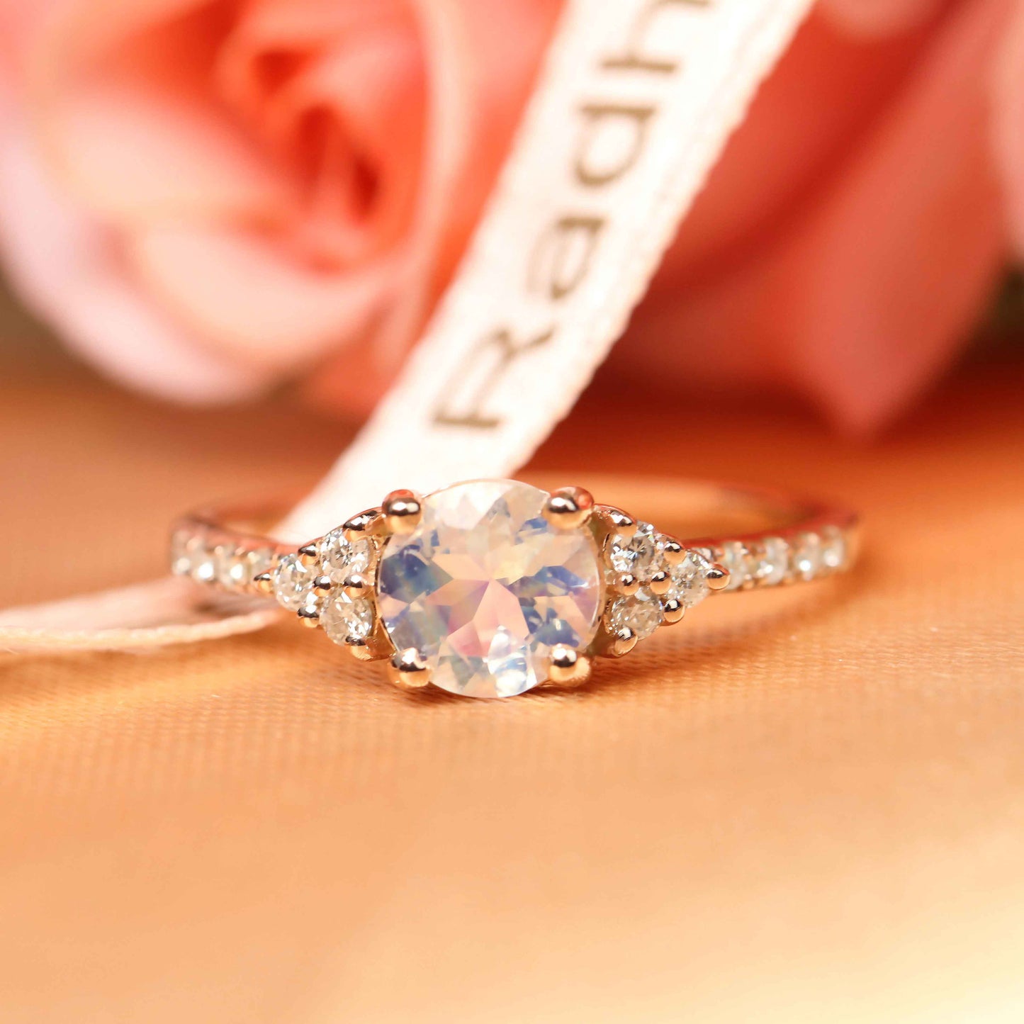 Classic multistone 1.3 carat Moonstone Engagement Wedding Ring in Rose Gold