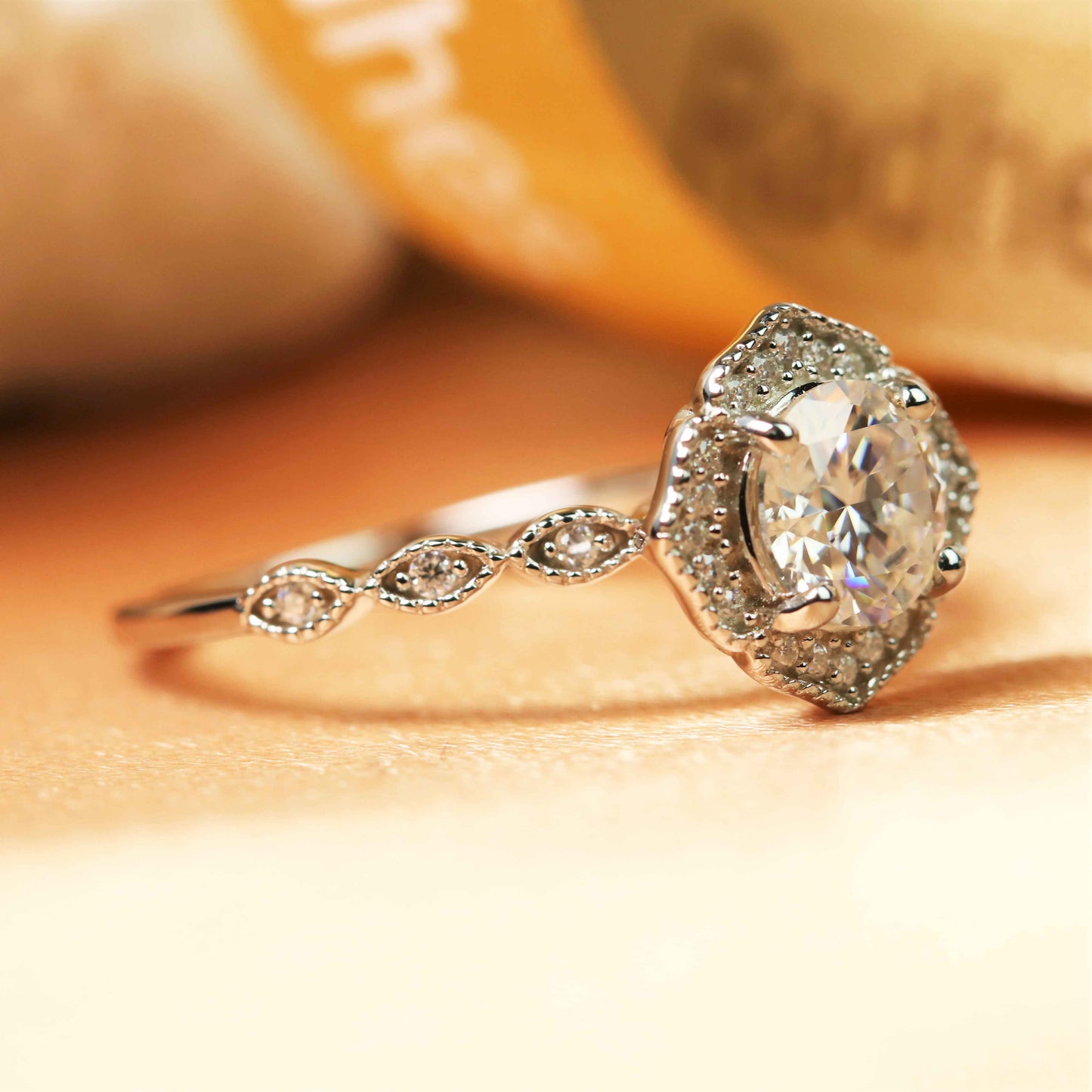 Antique milgrain 1.25 carat Round cut Moissanite Engagement Ring in Gold