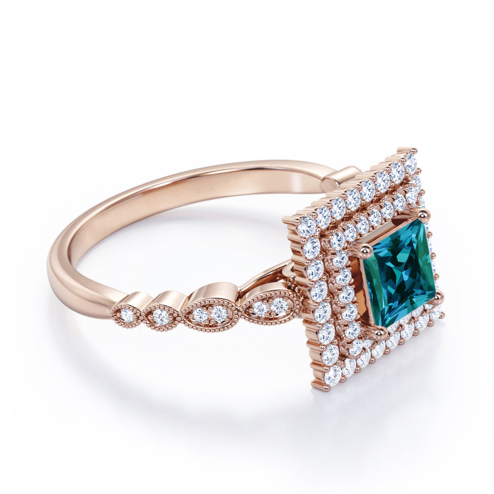 Grandiose 1.65 carat Princess cut Synthetic Alexandrite and diamond double halo and milgrain engagement ring in Rose gold