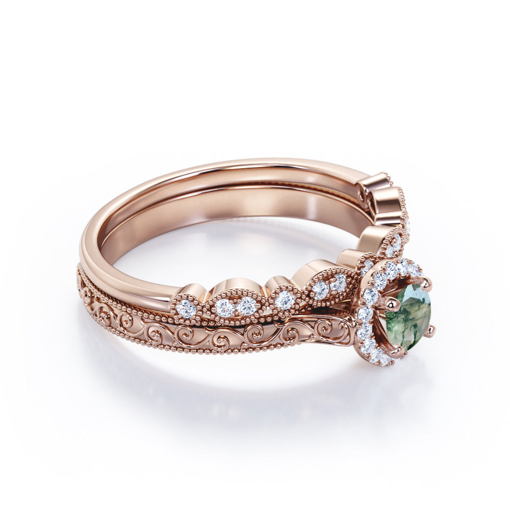 Authentic Filigree and Milgrain 0.9 carat Round cut Moss Green Agate and diamond wedding ring set in Rose gold