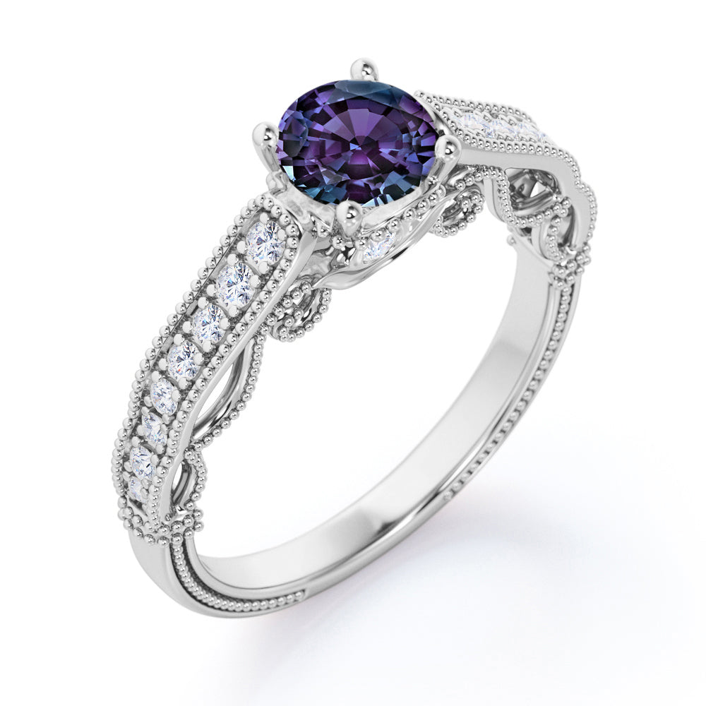 Vintage Freestyle 1.25 carat Round cut Lab created Alexandrite and diamond milgrain engagement ring in White gold